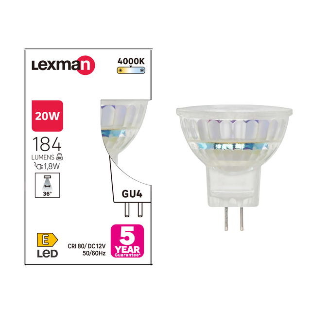 Ampoule led, réflecteur GU4, 184lm = 20W, blanc neutre, LEXMAN