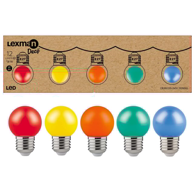 Lot de 5 ampoules led pour guirlande, E27, 250lm, IP44, multicolores, LEXMAN