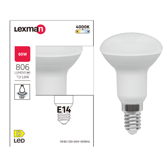 Ampoule led, réflecteur E14, 806lm = 60W, blanc neutre, LEXMAN