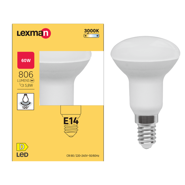 Ampoule led, réflecteur E14, 806lm = 60W, blanc chaud, LEXMAN
