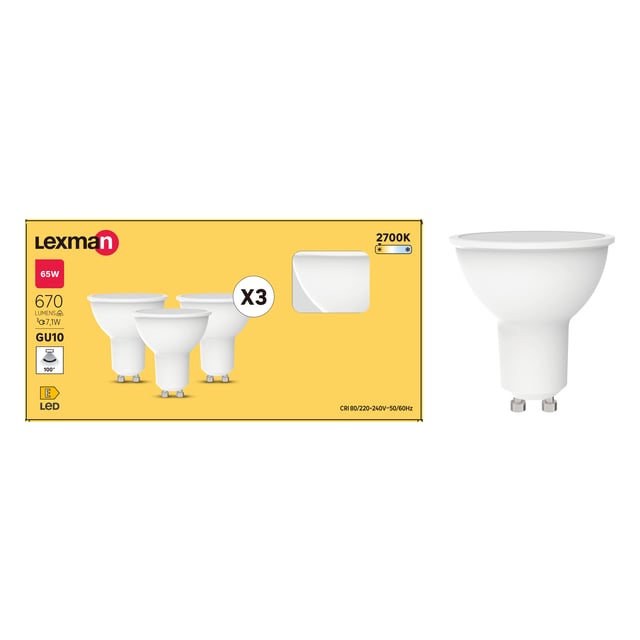 Lot de 3 ampoules led, réflecteur GU10, 100°, 670lm = 65W, blanc chaud, LEXMAN