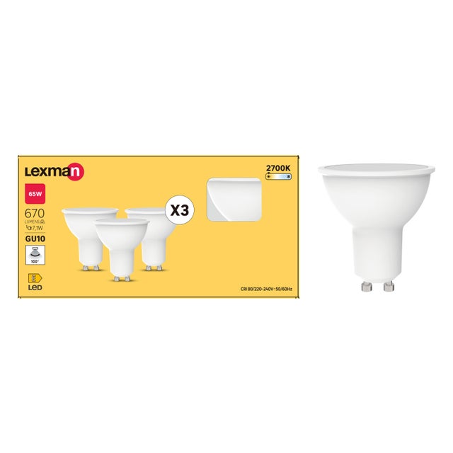 Lot de 3 ampoules led, réflecteur GU10, 100°, 670lm = 65W, blanc chaud, LEXMAN
