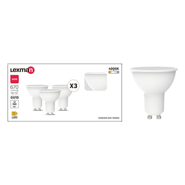 Lot de 3 ampoules led, réflecteur GU10, 100°, 670lm = 65W, blanc neutre, LEXMAN