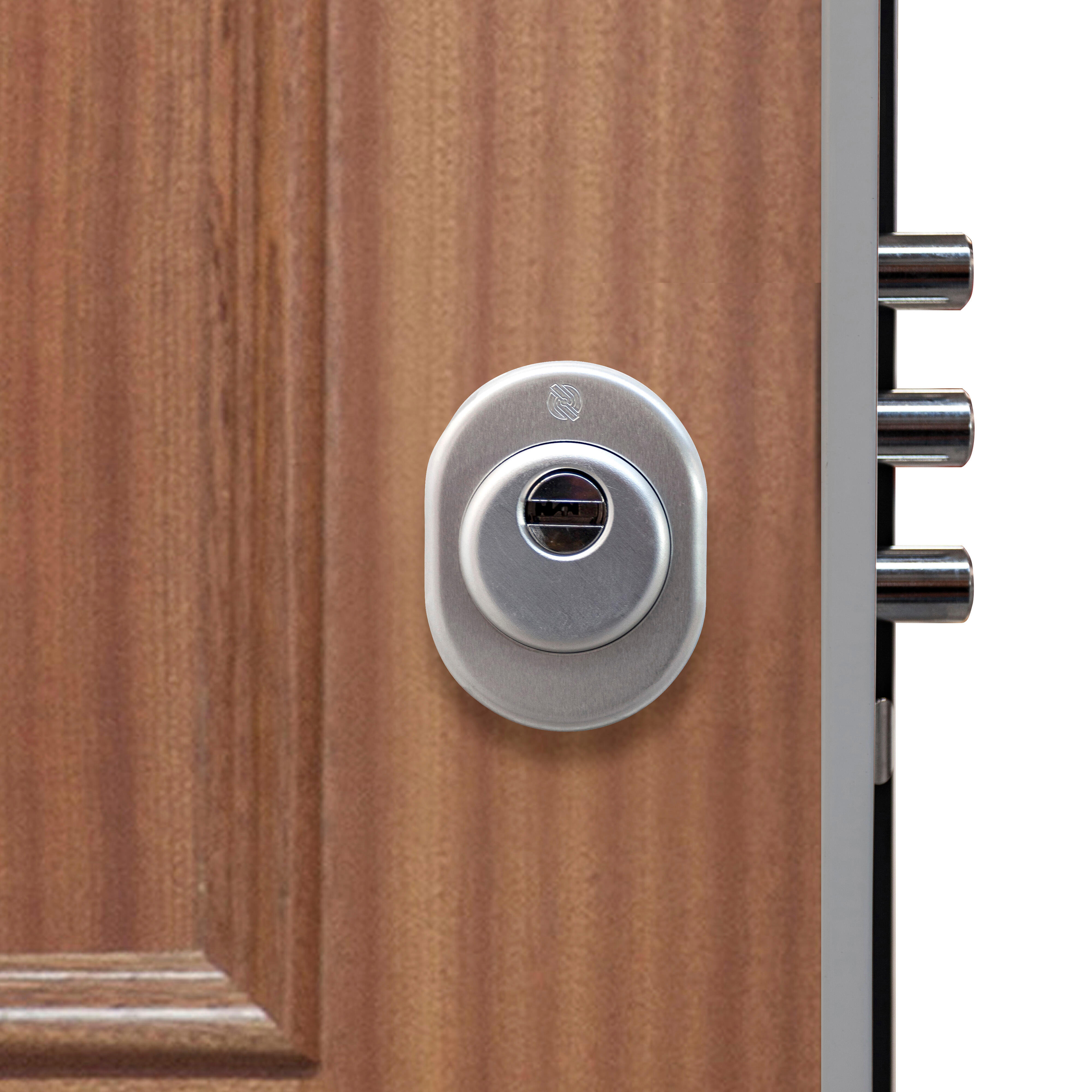 Puerta de entrada acorazada serie Silver 1,0 dos cuadros sapelly / interior liso blanco apertura izquierda 208x90.3cm - 11