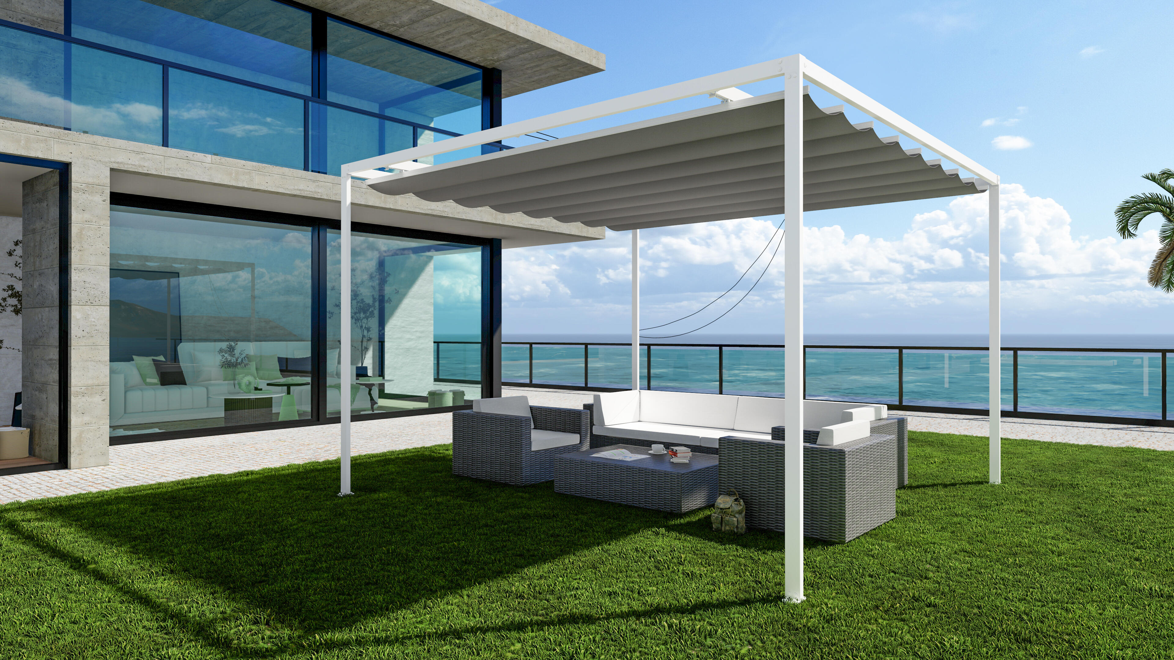 Pérgola de aluminio Palillería Niza blanco y toldo gris de 400x300 cm - 2