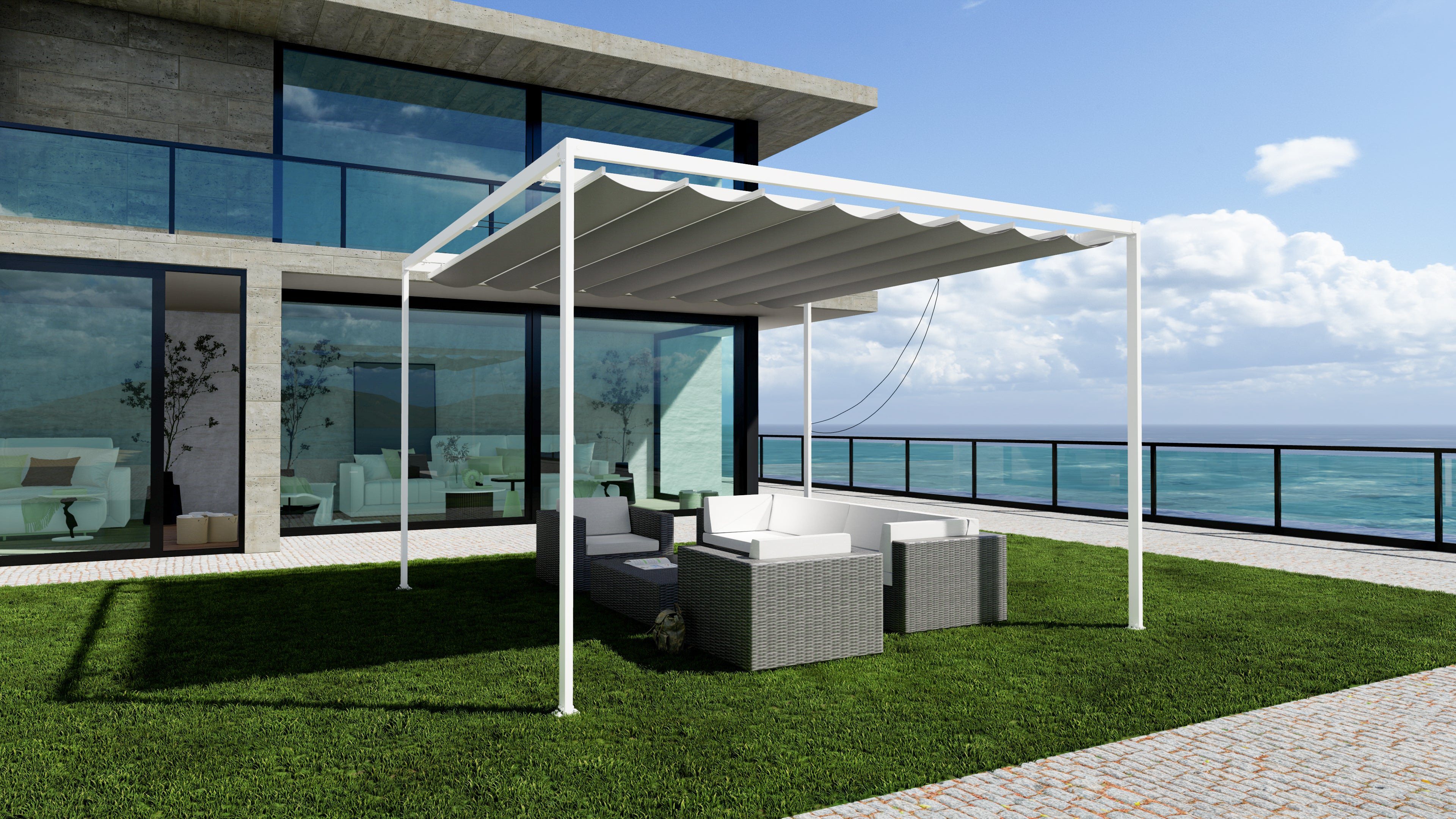 Pérgola de aluminio palillería niza blanco y toldo beige de 400x300 cm
