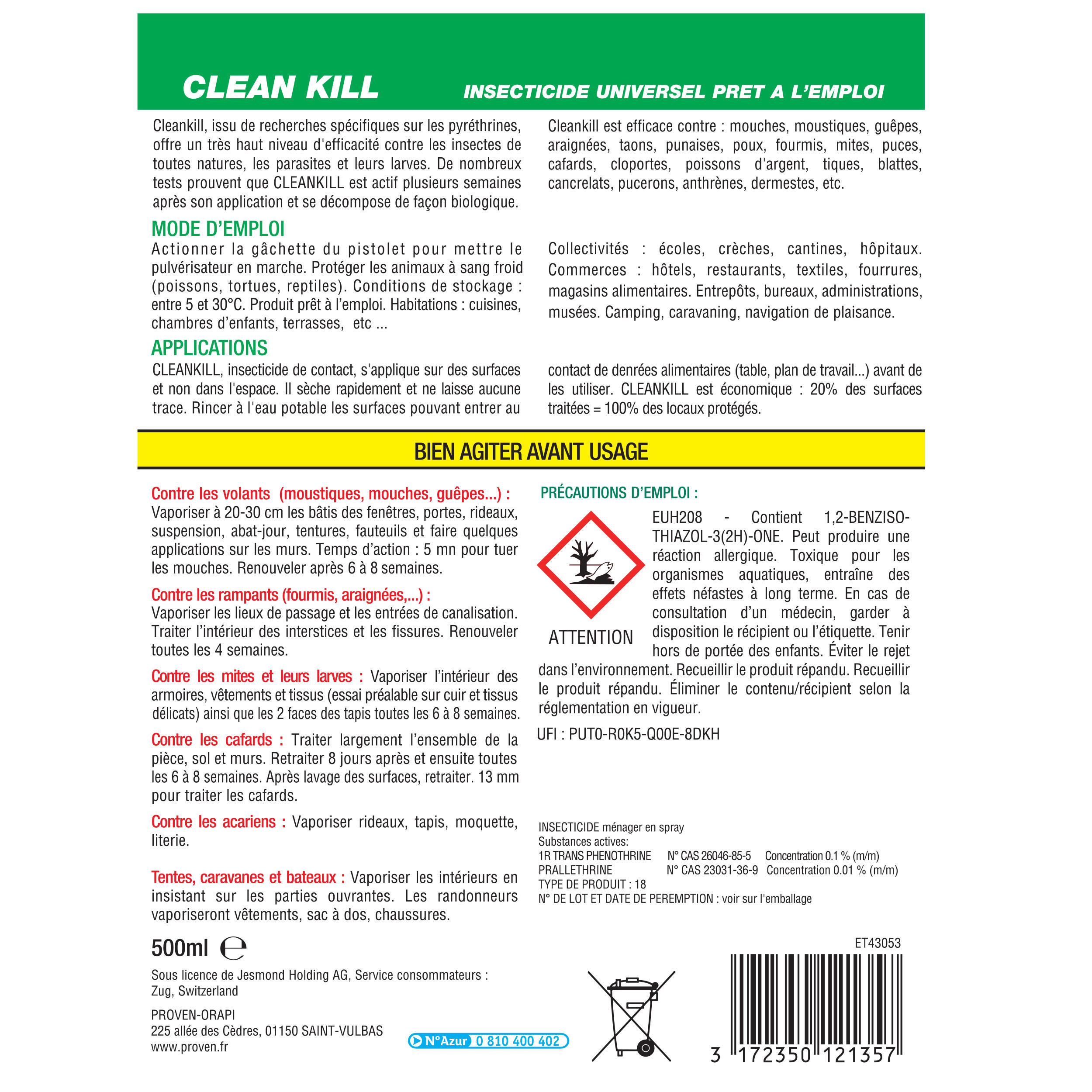 Insecticide universel pour insectes volants et rampants, CLEAN KILL, 0,5L - 3