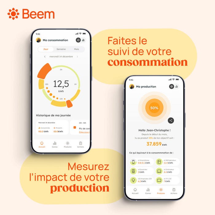 Disponible gratuitement sur téléphone et sur ordinateur, l'application Beem Energy vous permet de suivre votre production d'énergie solaire instantanément et de suivre votre consommation (en se connectant à votre compteur intelligent Linky).