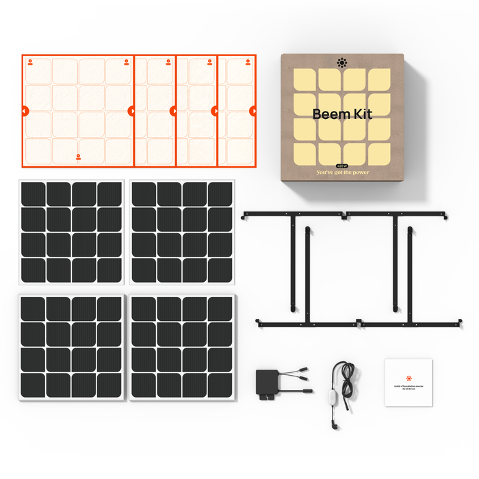Le Kit solaire Beem a été conçu pour être prêt à monter sans rien acheter de plus ! 4 panneaux solaires au motif floral, onduleur, vis, 4 fixations murales, patrons, box de suivi : tout est fourni et pensé pour vous simplifier l'installation. 

Légers et à taille humaine (~6,5kg par panneau, 80,5cm x 80,5cm), les panneaux sont facilement manipulables par une personne.