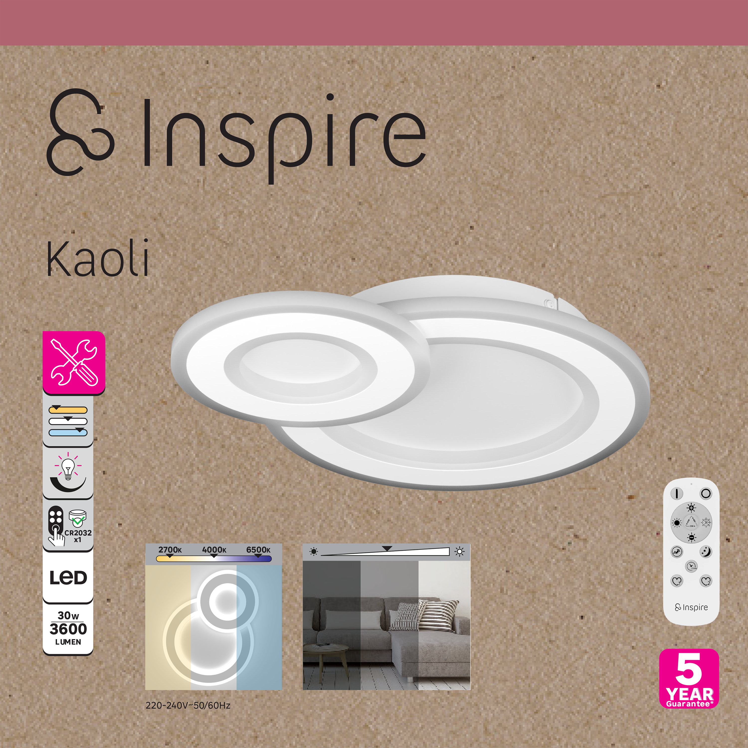 Plafonnier led, 3600 lumens, variation de blancs, Kaoli rond, INSPIRE D.34 cm - 9
