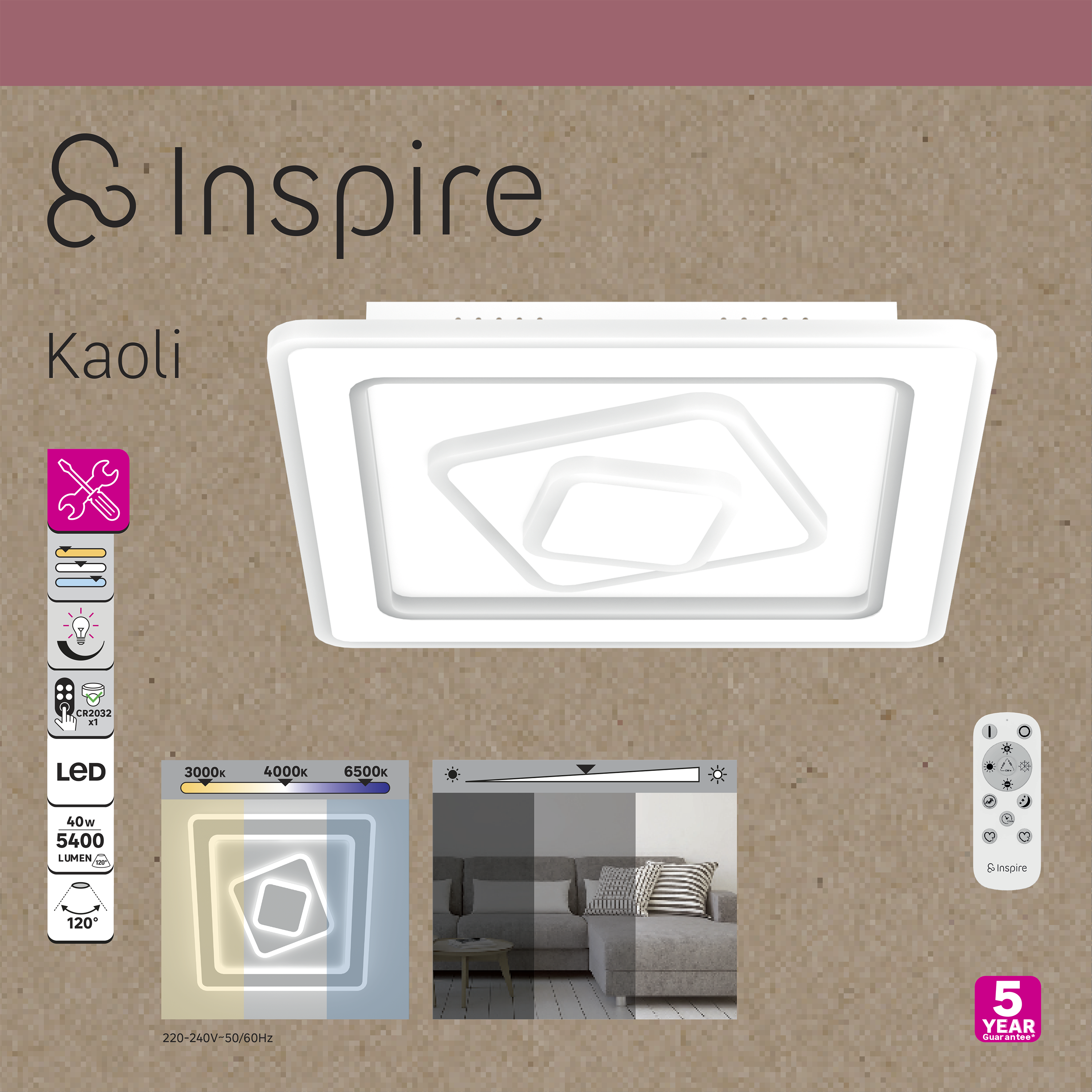 Plafonnier led, 4800 lumens, variation de blancs, Kaoli carré, INSPIRE, D.35 cm - 9