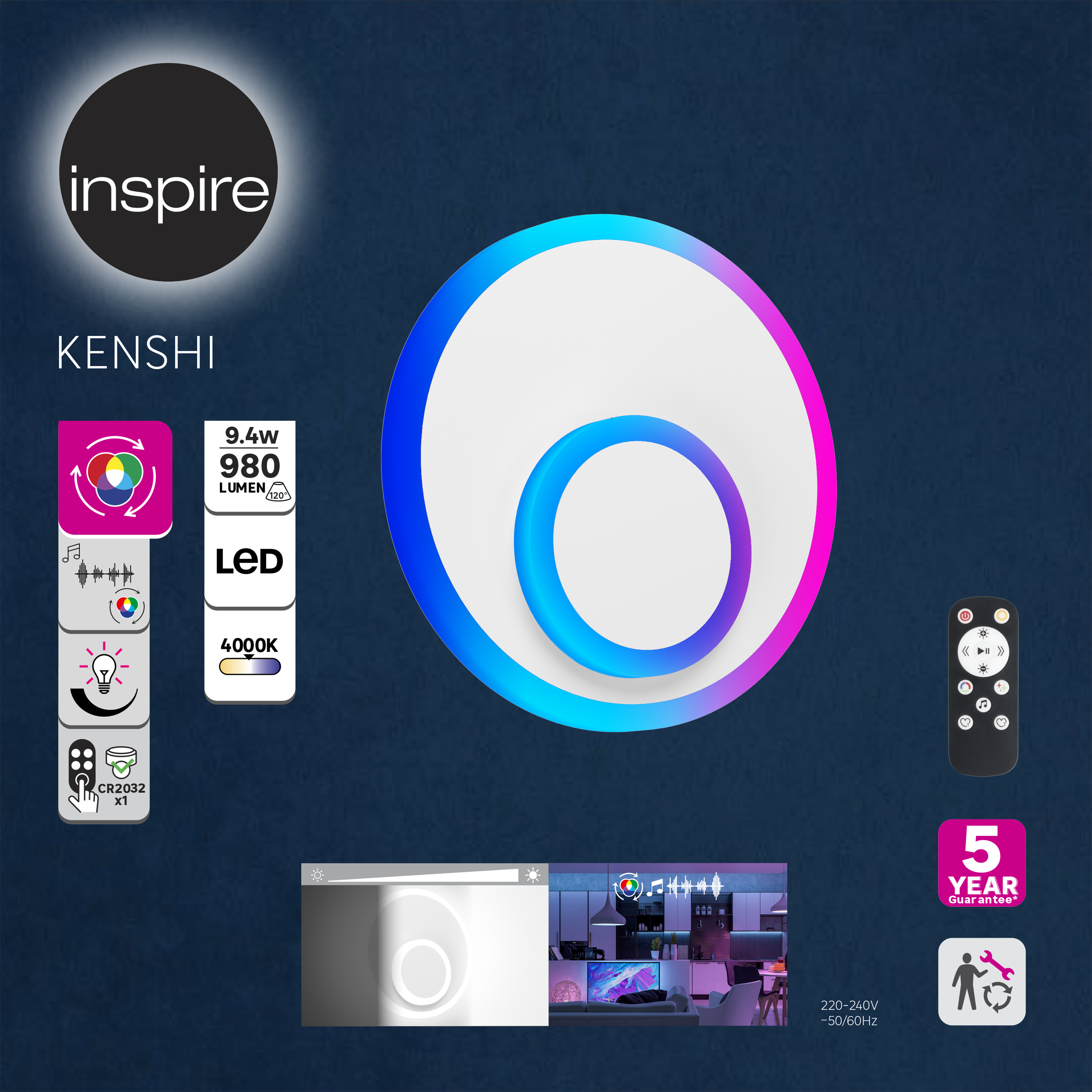 Applique murale LED ronde métal blanc 980 lumens, INSPIRE Kenshi - 9