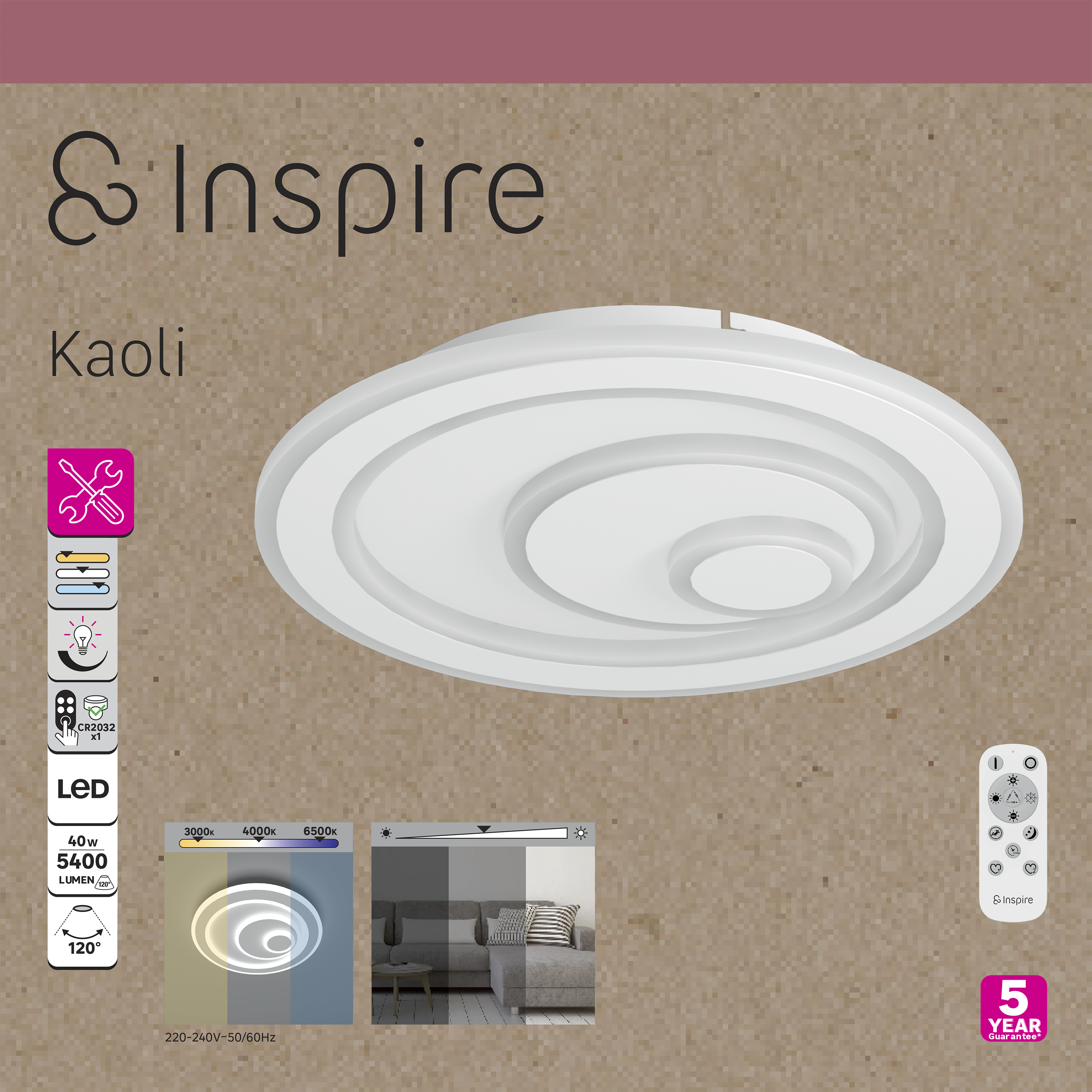 Plafonnier led, 4800 lumens, variation de blancs, Kaoli rond, INSPIRE, D.35 cm - 7