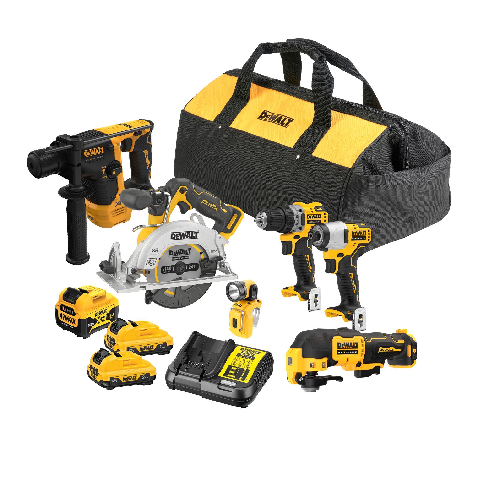 Kit dewalt 12v. taladro + atornillador impacto + martillo + sierra circular + multiherramienta + lámpara + 3 baterías - con motor brushless