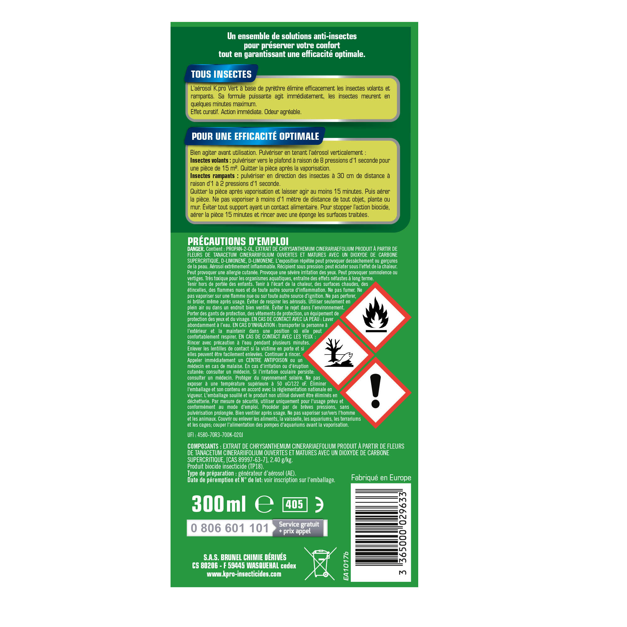 Aérosol insecticide tous insectes, Vert action immédiate, radicale K.PRO, 300 ml - 2