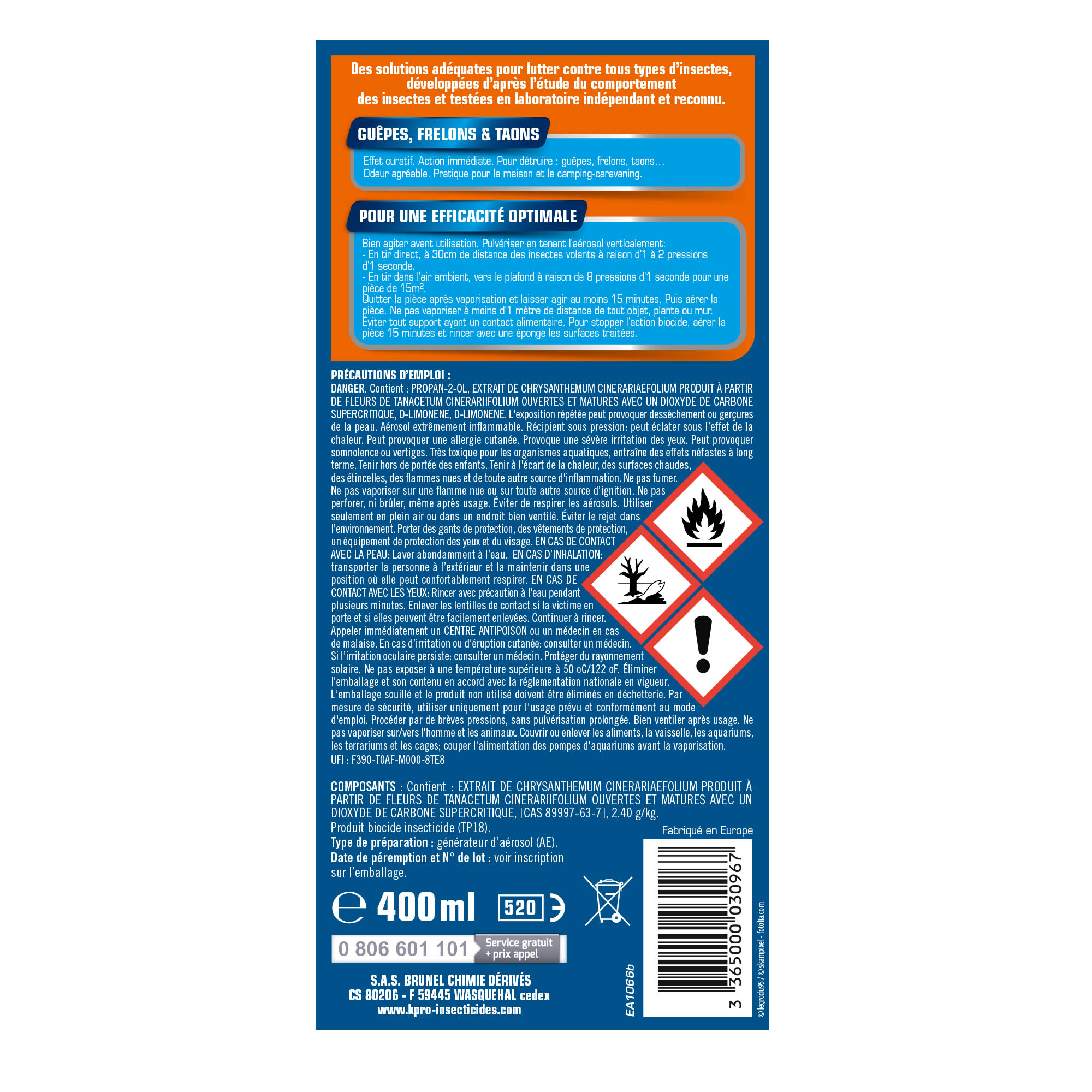 Aérosol insecticide spray guêpes, frelons et taons, Action rapide K.PRO, 400 ml - 2