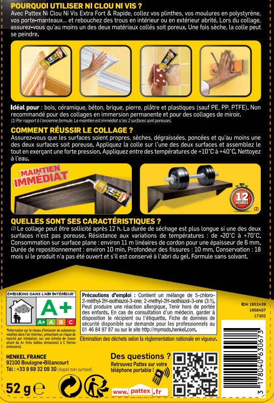 Colle de fixation pâte acrylique Ni clou ni vis fix idéal bois PATTEX, 52 g blan - 6