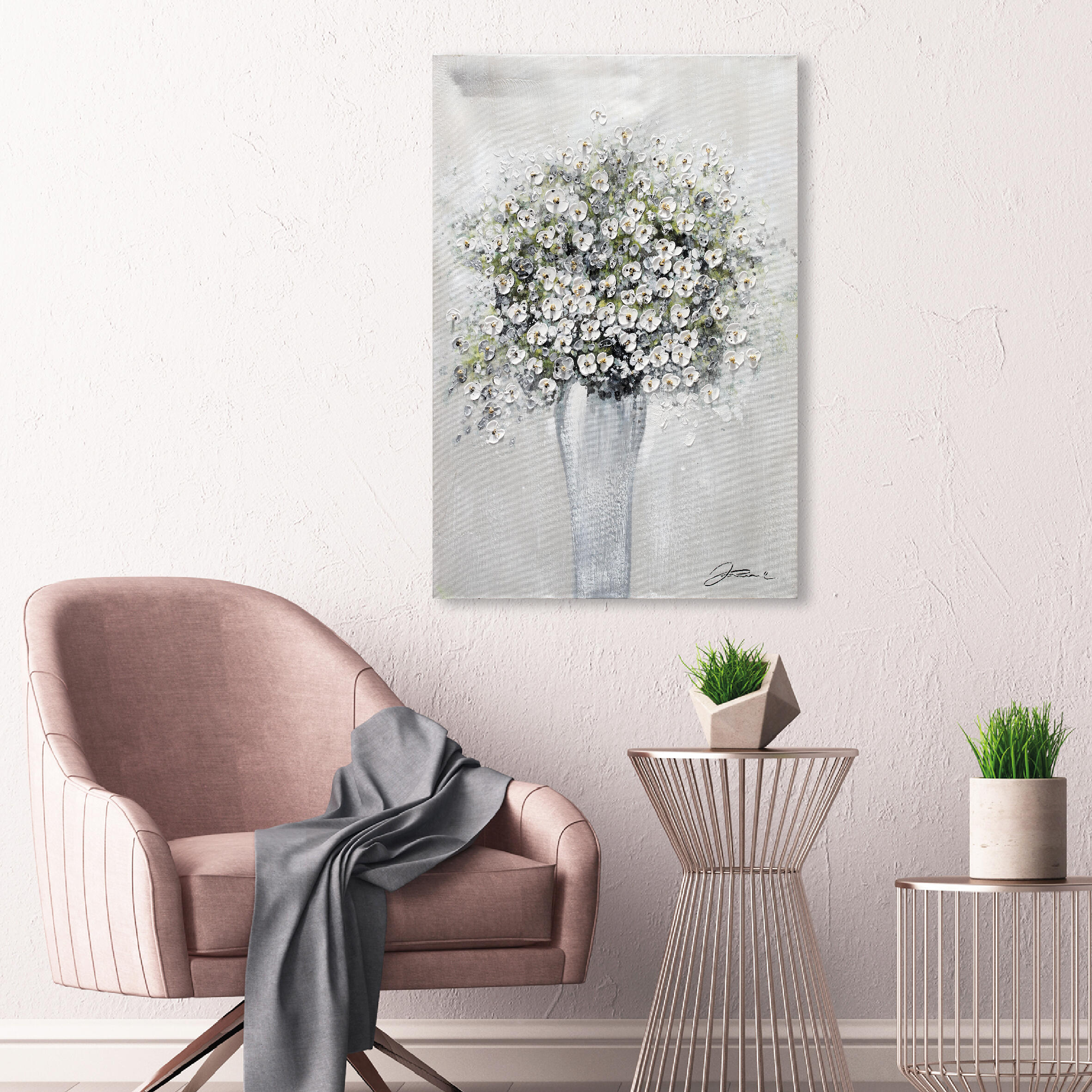Pintura sin marco botánica rectangular de 60 x 90 cm. loneta original vaso flore blanco