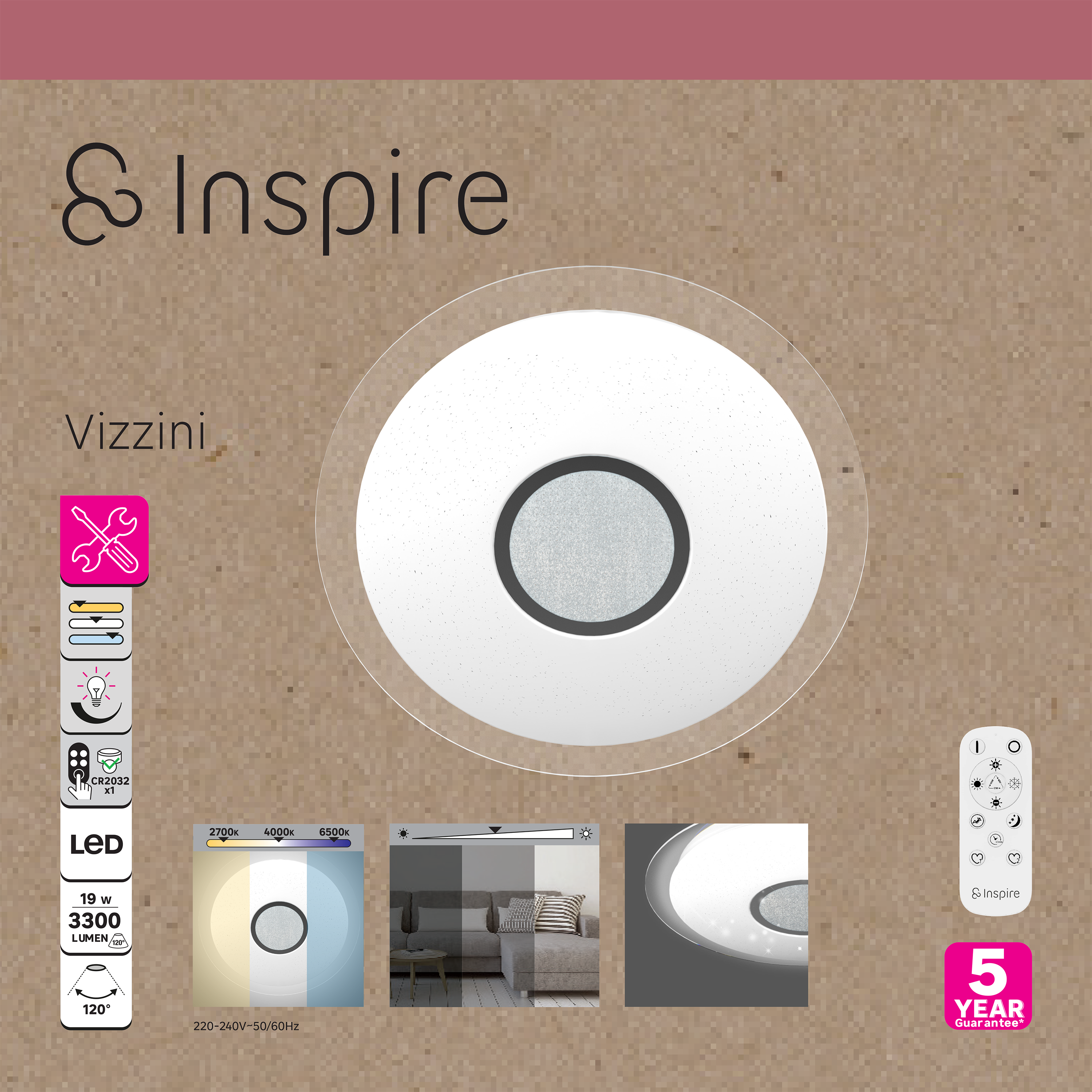 Candeeiro de teto Vizzini Star 3300lm CCT/DIM Inspire - 12