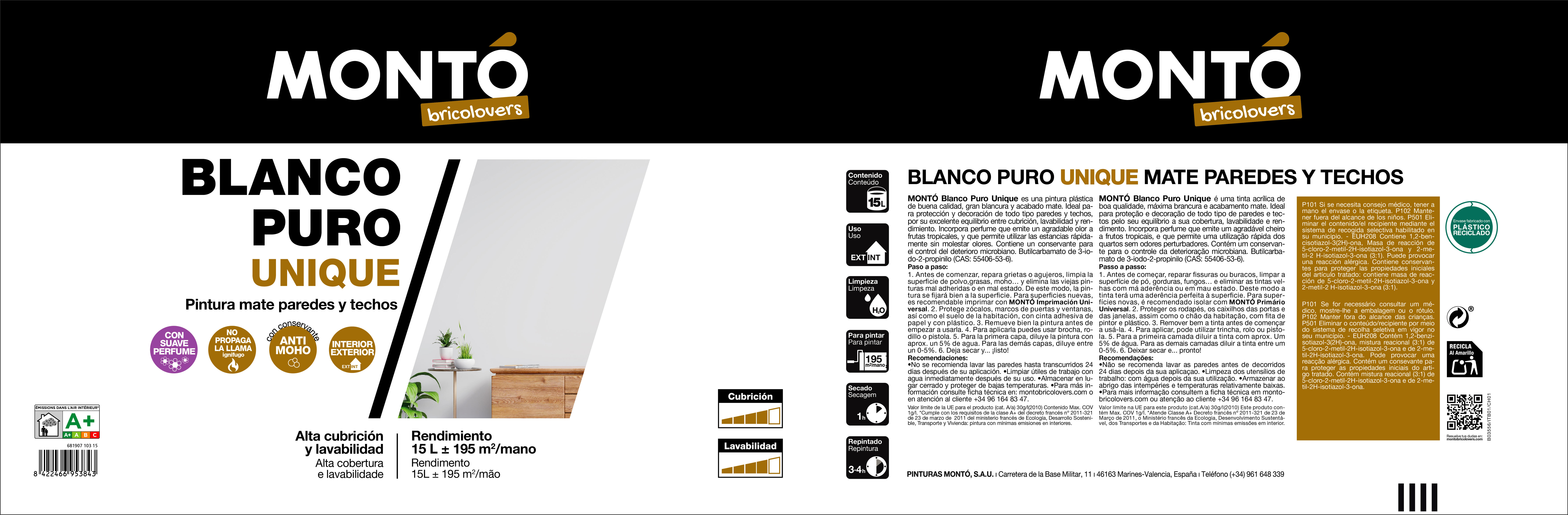 Pintura de interior Unique Blanco Puro MONTÓ color blanco puro mate 15L para paredes y techos - 3