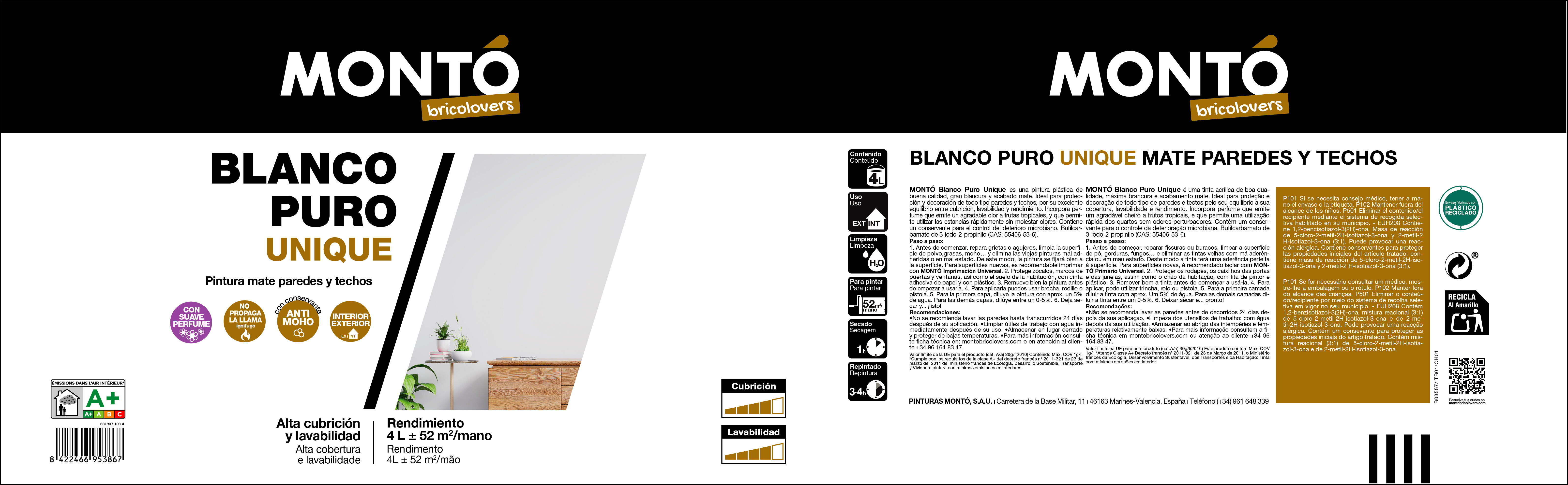 Pintura de interior Unique Blanco Puro MONTÓ color blanco puro mate 4L para paredes y techos - 4