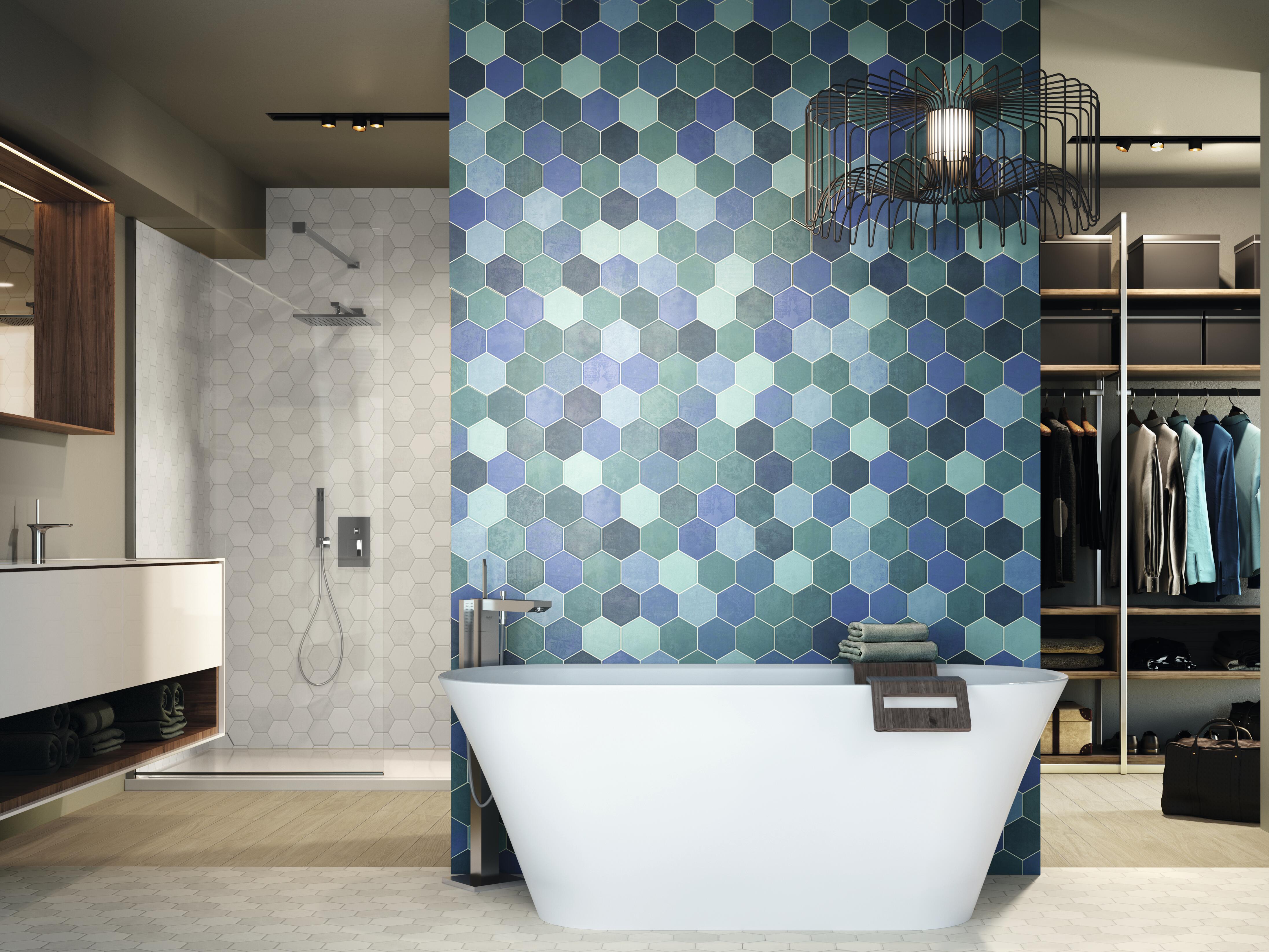 Azulejo porcelánico hex efecto mosaico aguamarina 26.5x51 cm