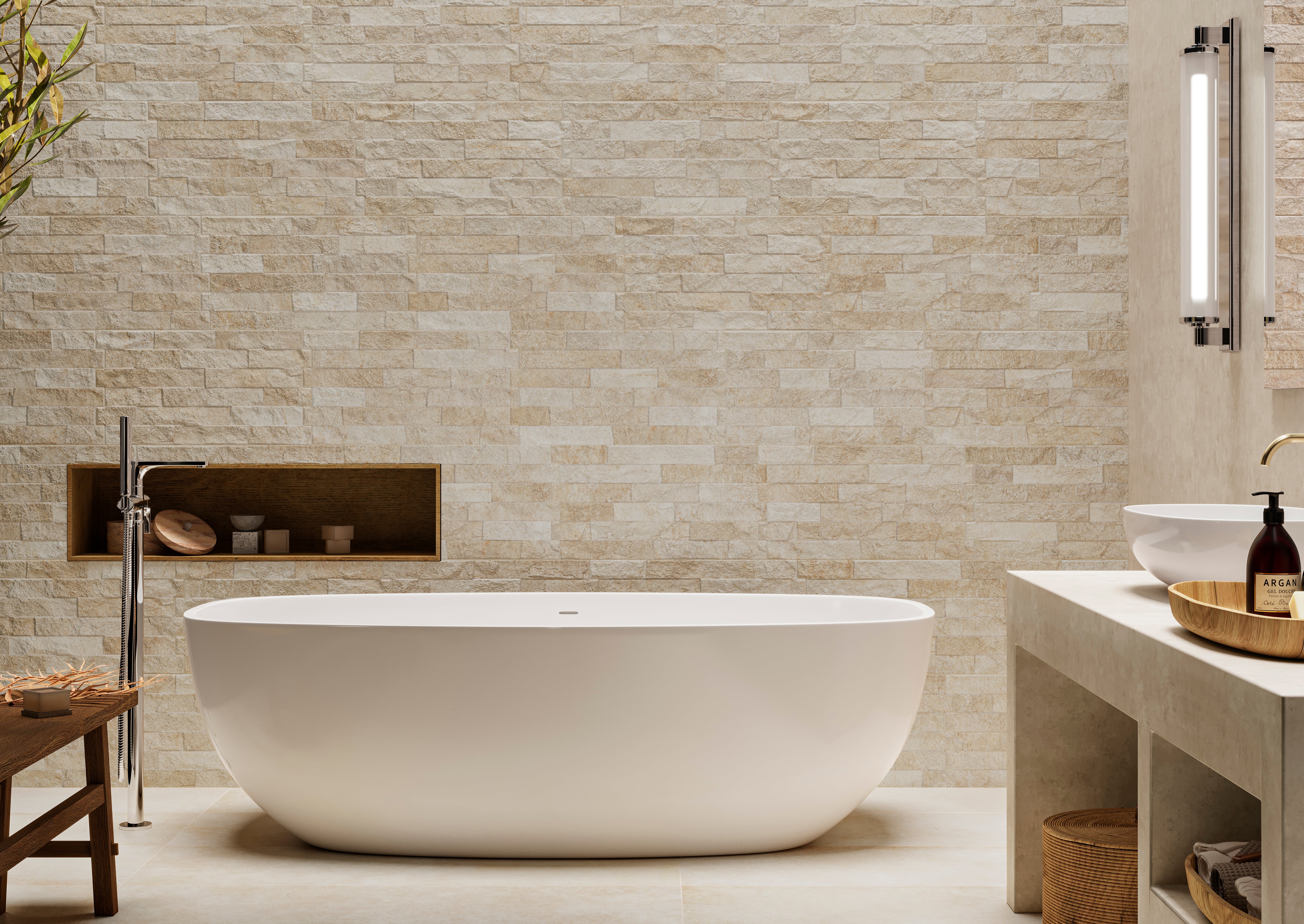 Azulejo porcelánico ribera efecto piedra beige 31x56 cm