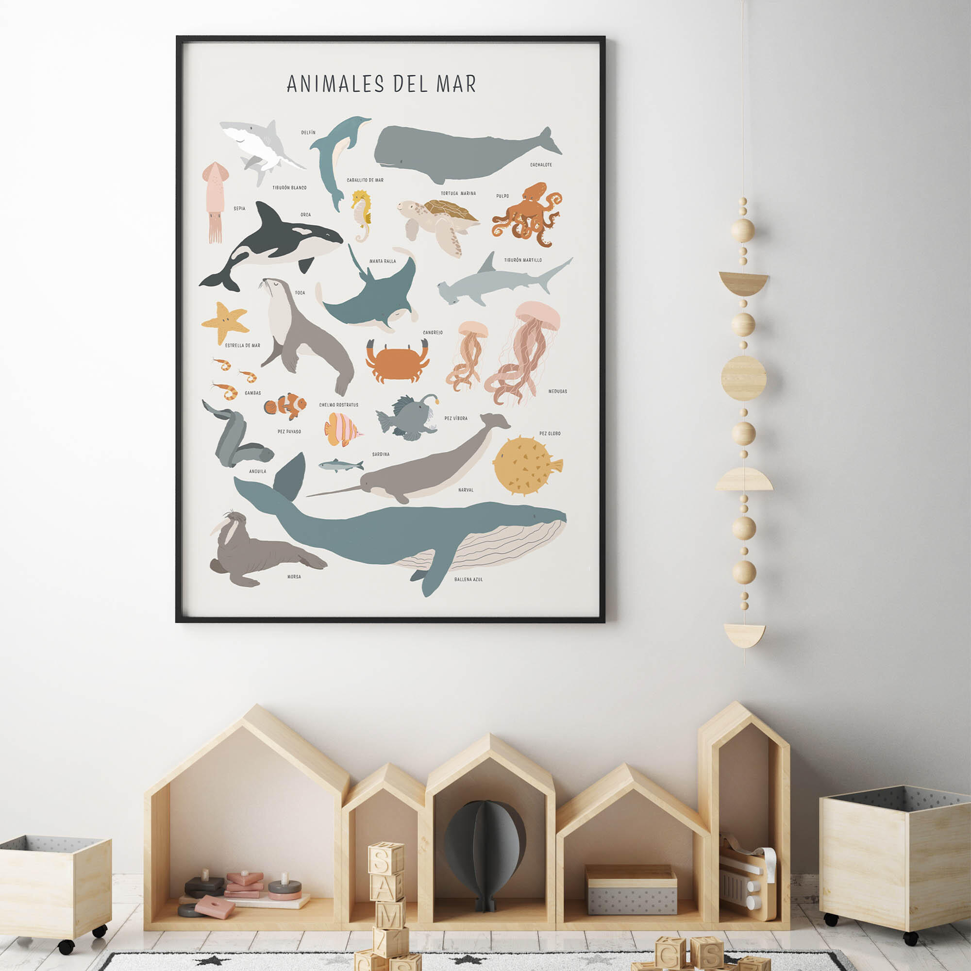 Lámina Infantil rectangular de 50 x 70 cm. Papel Animales Del Mar blanco, azul, gris y amarillo - 7