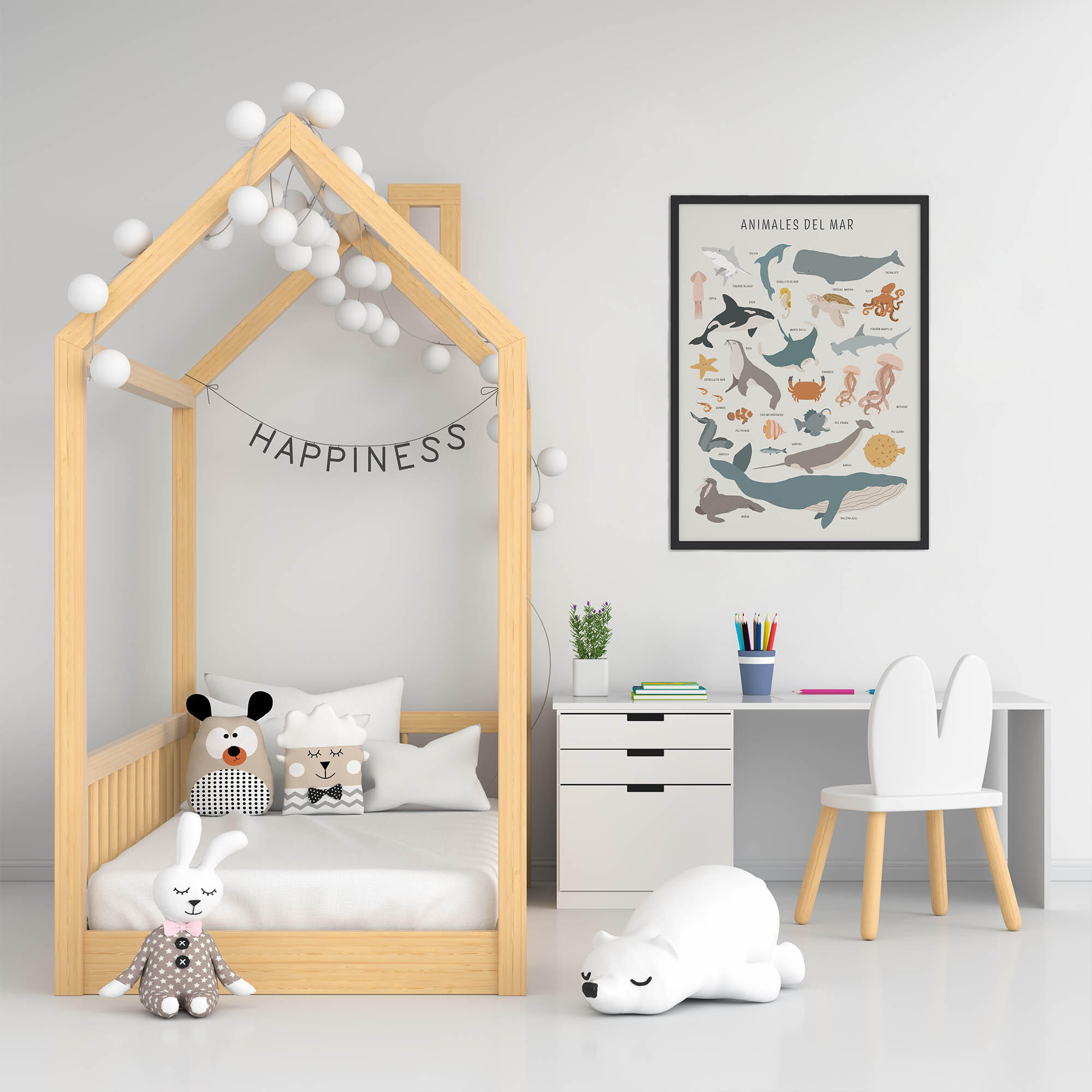 Lámina Infantil rectangular de 50 x 70 cm. Papel Animales Del Mar blanco, azul, gris y amarillo - 6