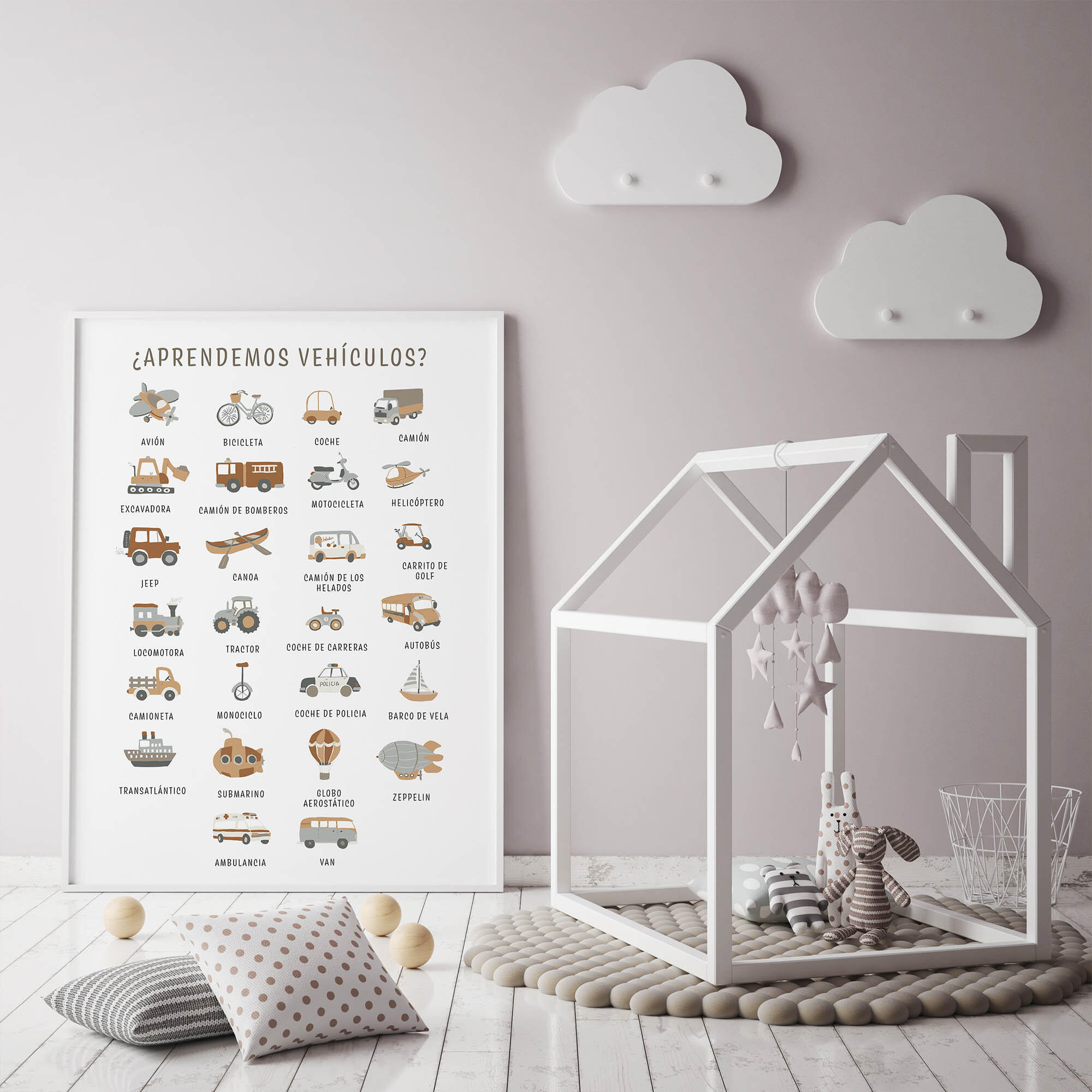 Lámina infantil rectangular de 50 x 70 cm. papel aprendemos vehículos blanco y gris