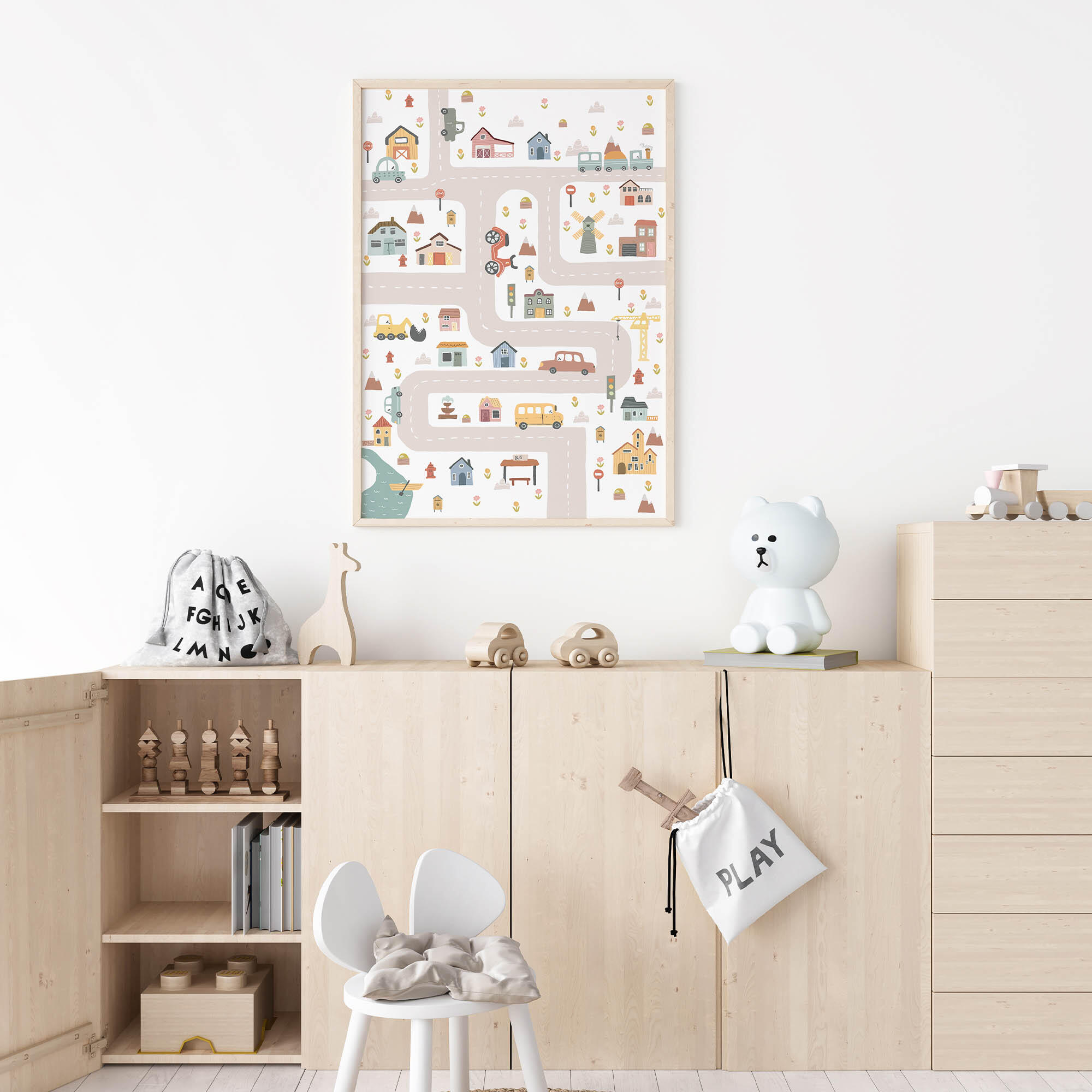 Lámina infantil rectangular de 50 x 70 cm. papel mi ciudad beige y blanco