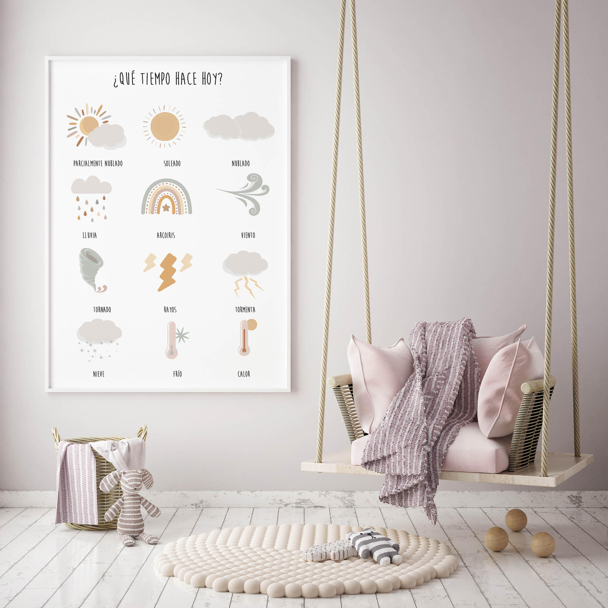 Lámina Infantil rectangular de 50 x 70 cm. Papel Que Tiempo Hace Hoy blanco y gris - 7