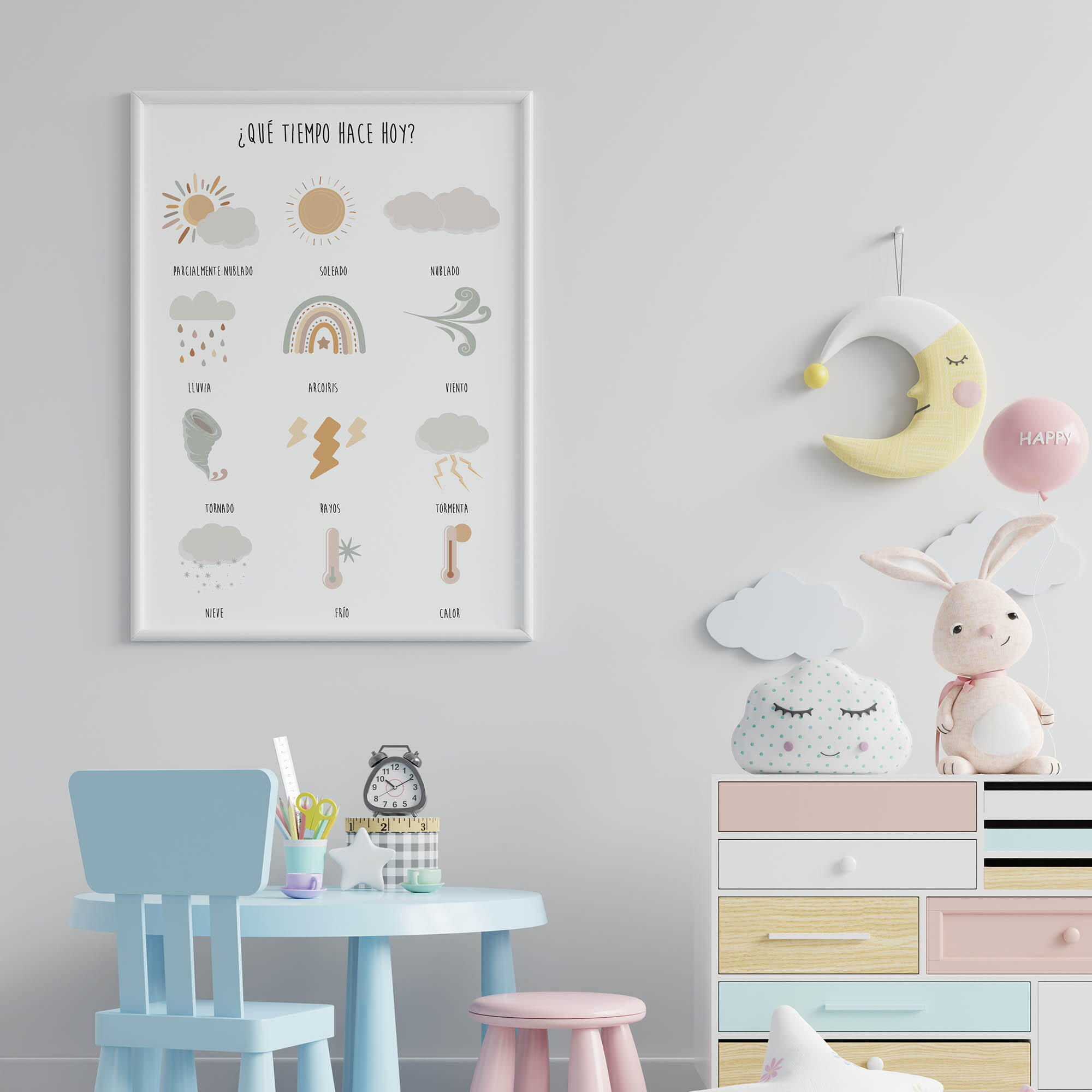 Lámina Infantil rectangular de 50 x 70 cm. Papel Que Tiempo Hace Hoy blanco y gris - 6