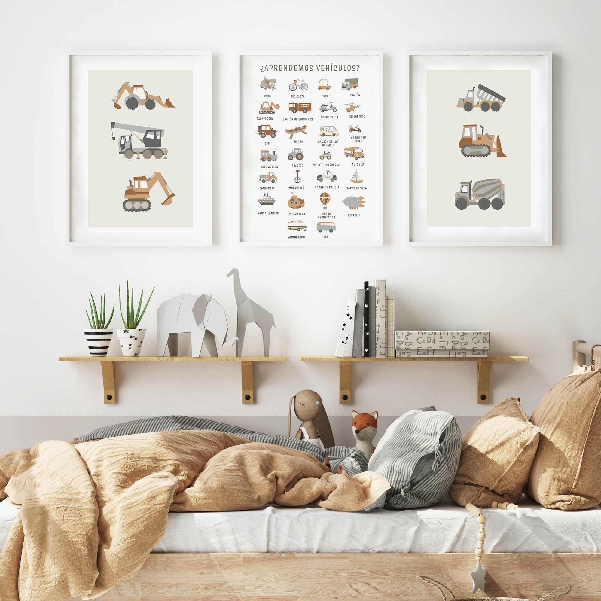 3 Láminas Infantil rectangular de 30 x 40 cm. Papel Vehiculos blanco, gris y beige - 6
