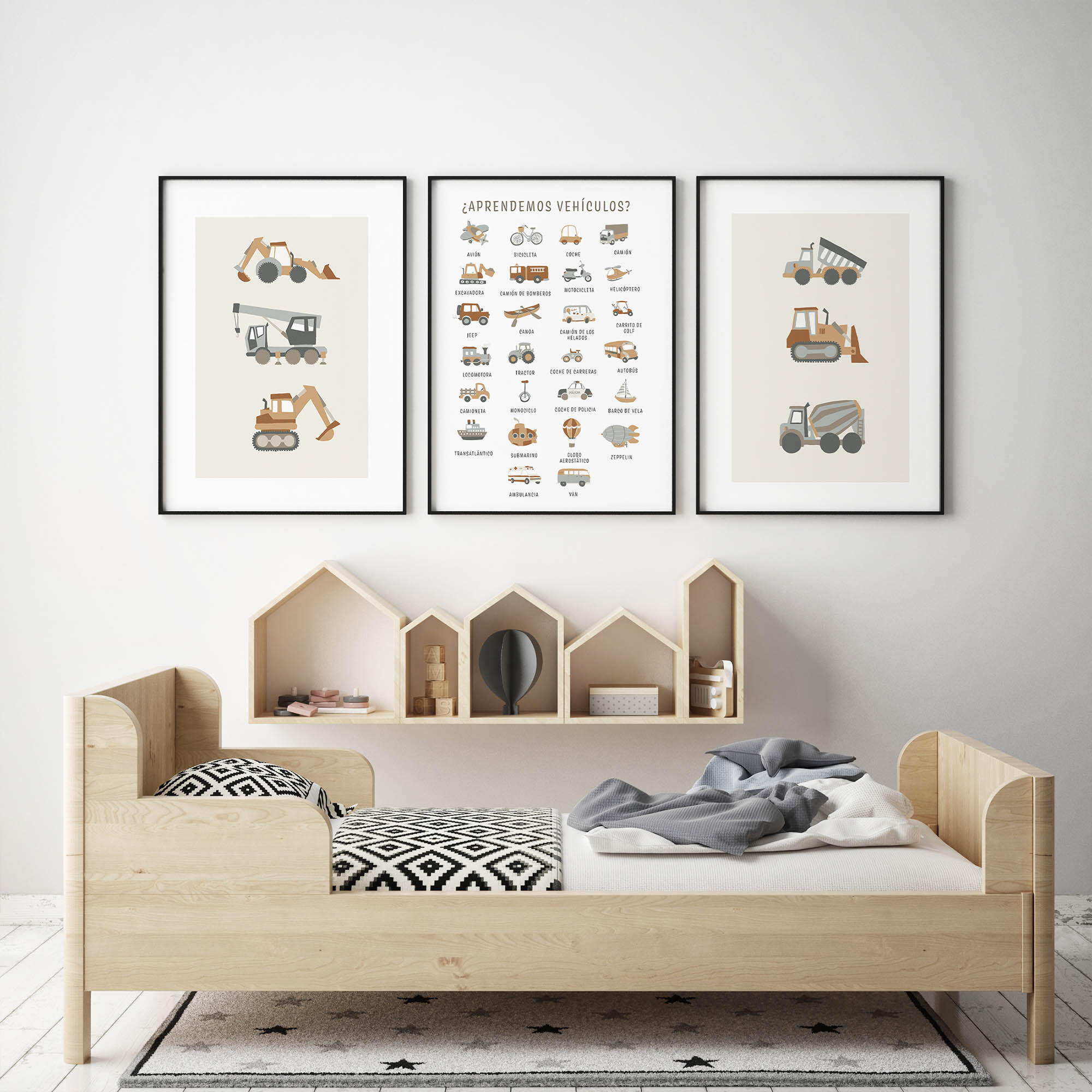 3 Láminas Infantil rectangular de 30 x 40 cm. Papel Vehiculos blanco, gris y beige - 5