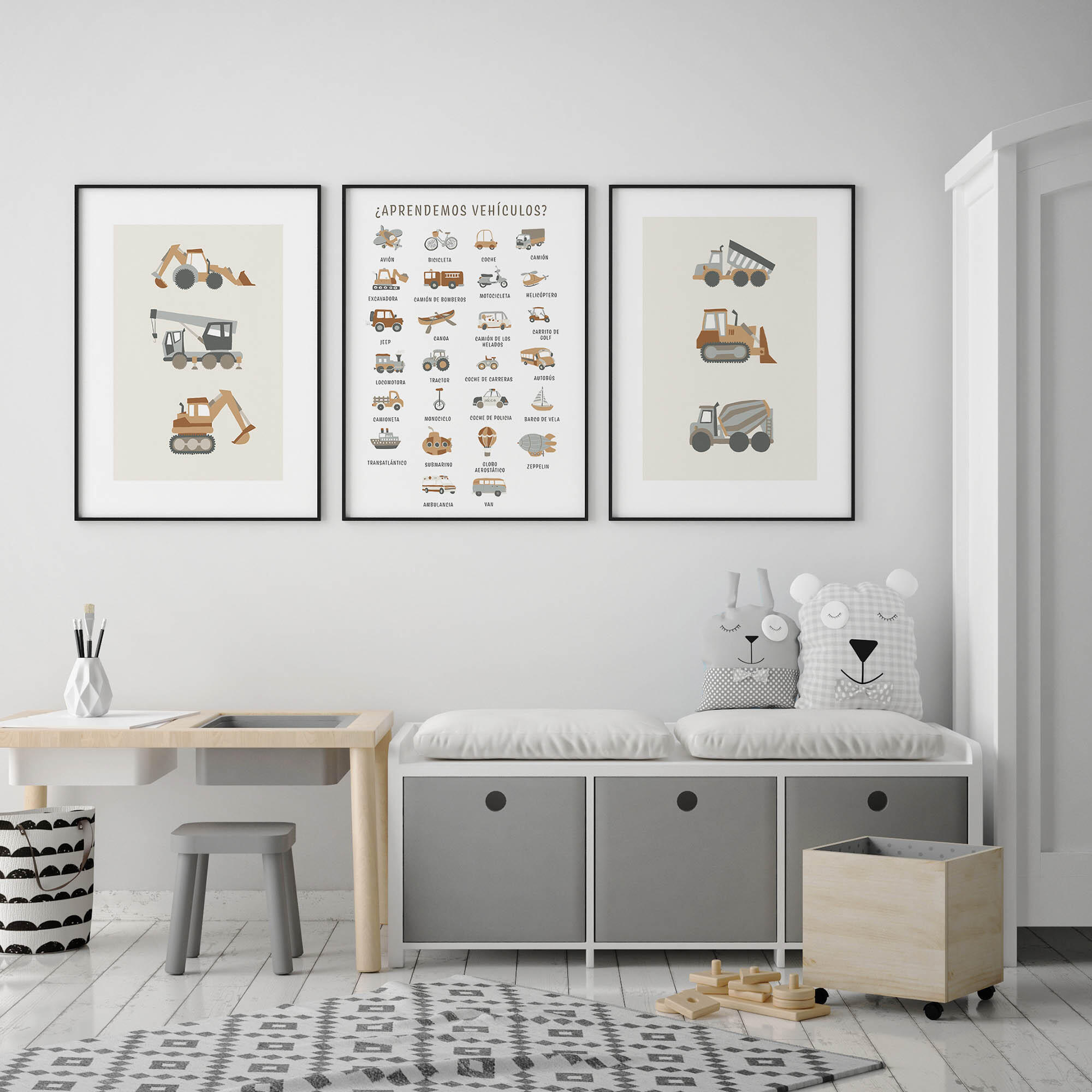 3 láminas infantil rectangular de 30 x 40 cm. papel vehiculos blanco, gris y beige