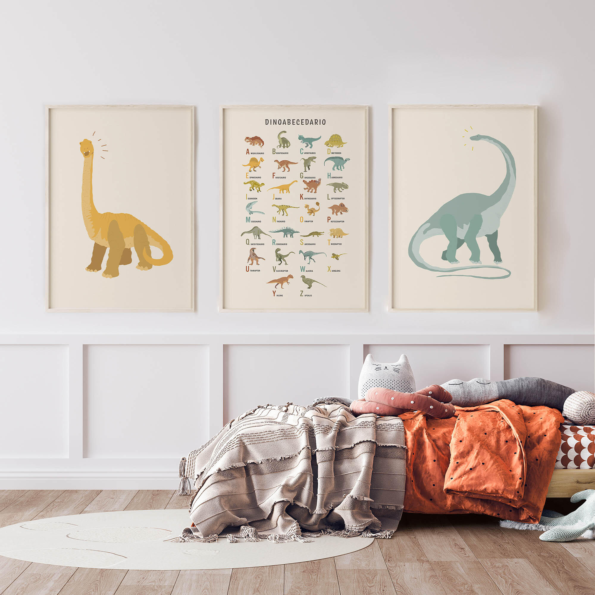 3 Láminas Infantil rectangular de 30 x 40 cm. Papel Dinoabecedario blanco, naranja y azul - 6