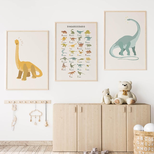 3 Láminas Infantil rectangular de 30 x 40 cm. Papel Dinoabecedario blanco, naranja y azul