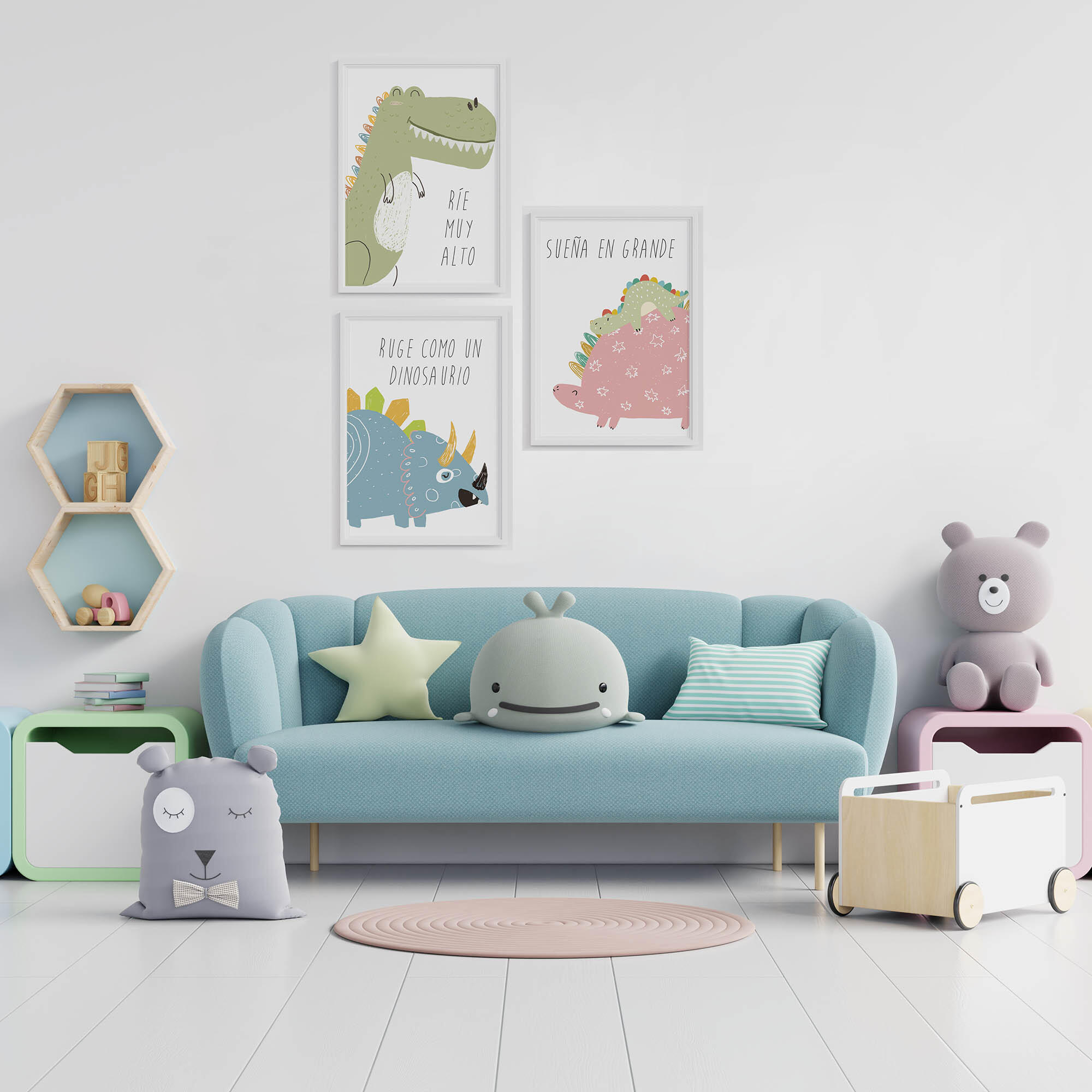 3 Láminas Infantil rectangular de 30 x 40 cm. Papel Dinosaures Blanco verde, rosa y azul - 6