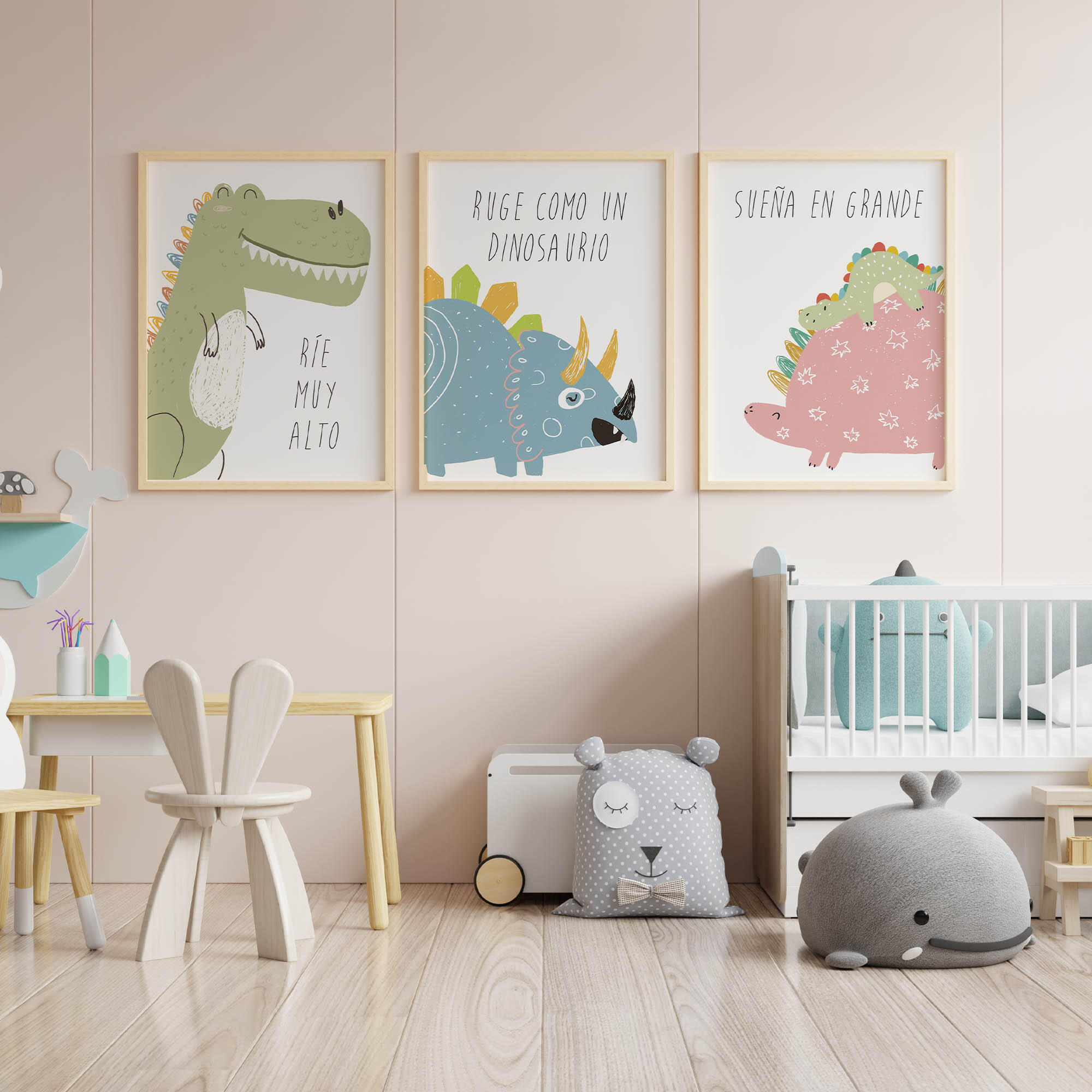 3 Láminas Infantil rectangular de 30 x 40 cm. Papel Dinosaures Blanco verde, rosa y azul - 5