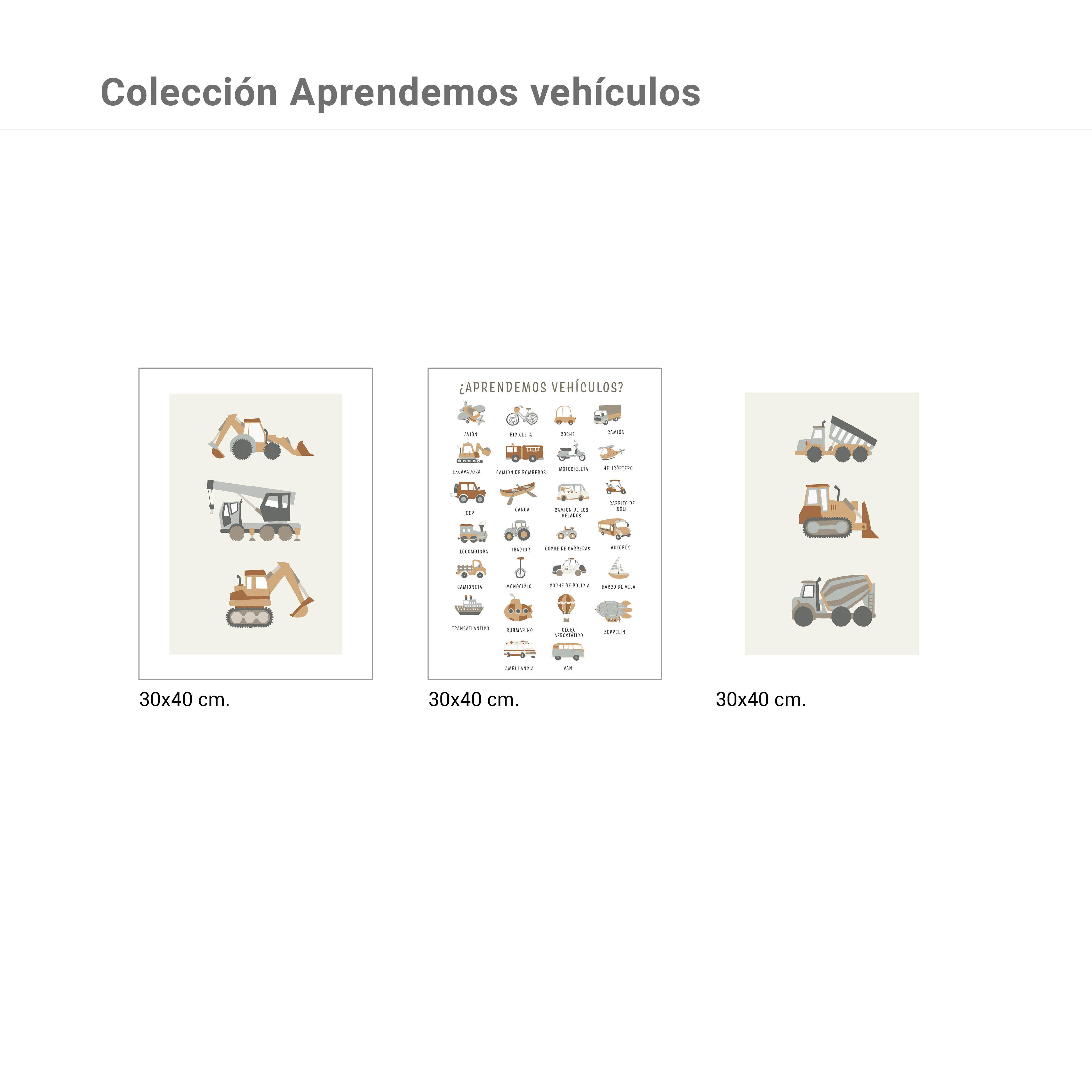 3 Láminas Infantil rectangular de 30 x 40 cm. Papel Vehiculos blanco, gris y beige - 3