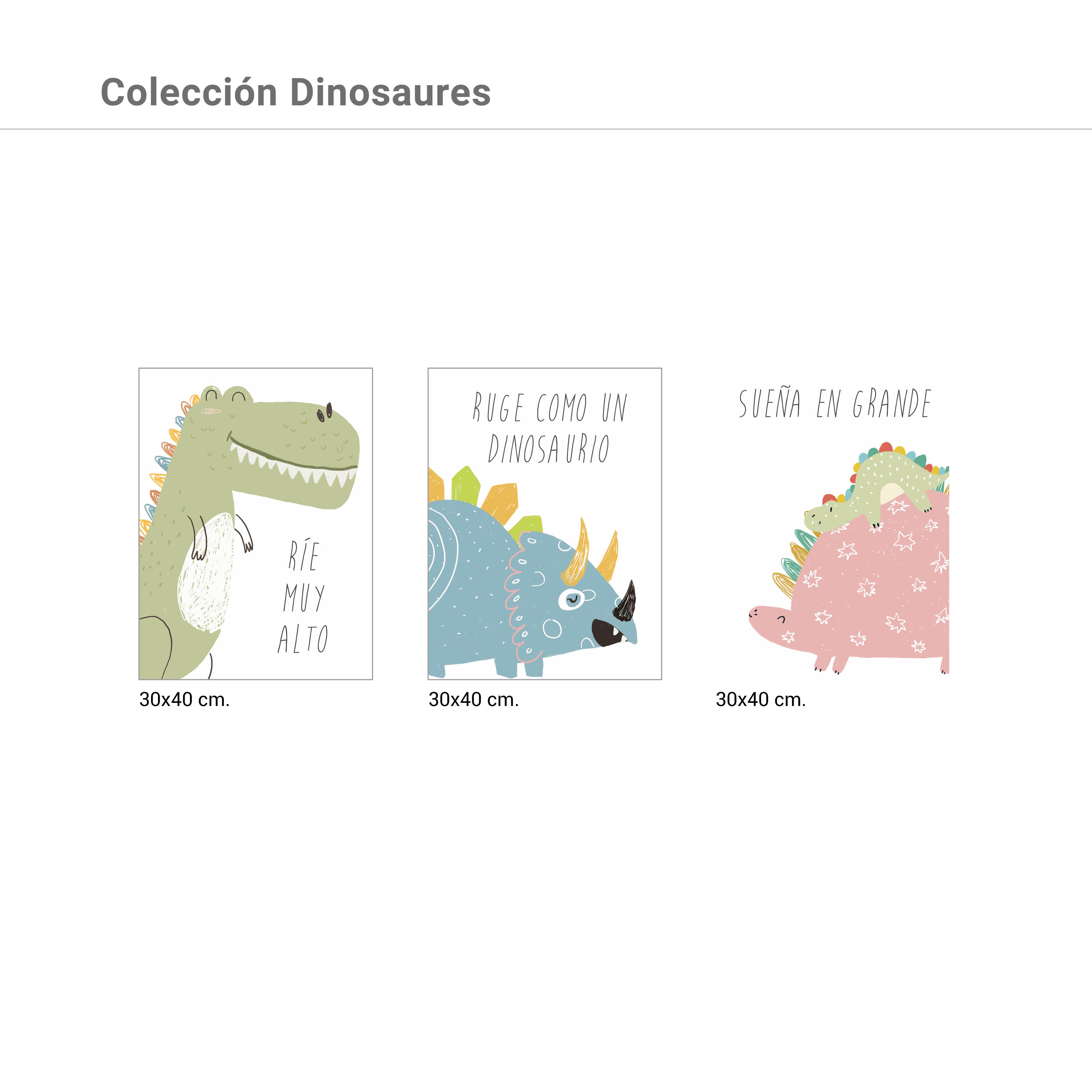 3 Láminas Infantil rectangular de 30 x 40 cm. Papel Dinosaures Blanco verde, rosa y azul - 3