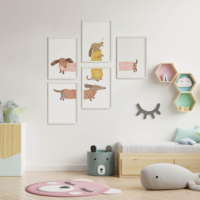 5 Láminas Infantil rectangular de 30 x 40 cm. Papel Puppies Blanco Rosa Amarillo y dorado