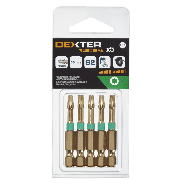 Lot de 5 embouts de vissage torsion DEXTER PRO T20, Diam.50 mm