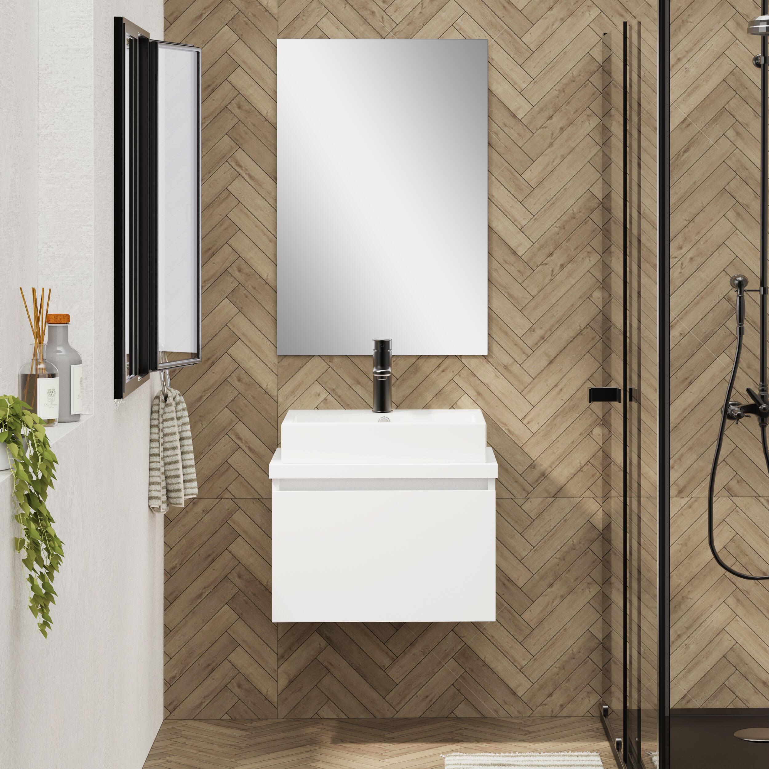 Mueble de baño con lavabo y espejo fly blanco satinado 50x38.6 cm
