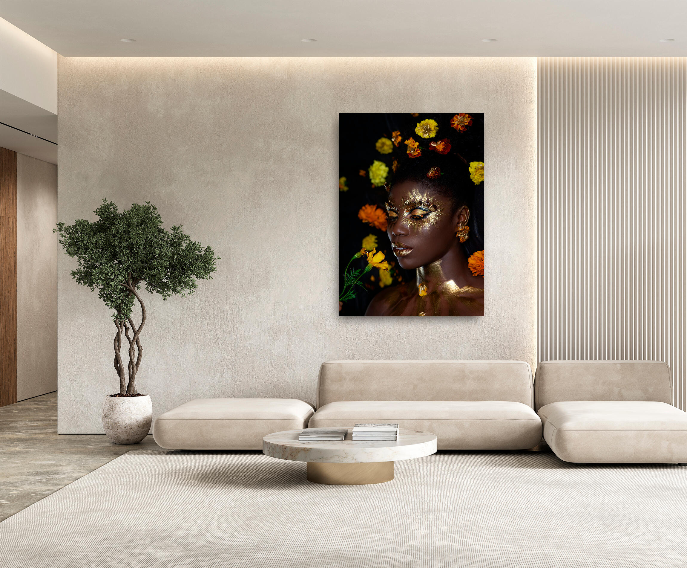 Pintura impresa sin marco chica y flores 100x140cm