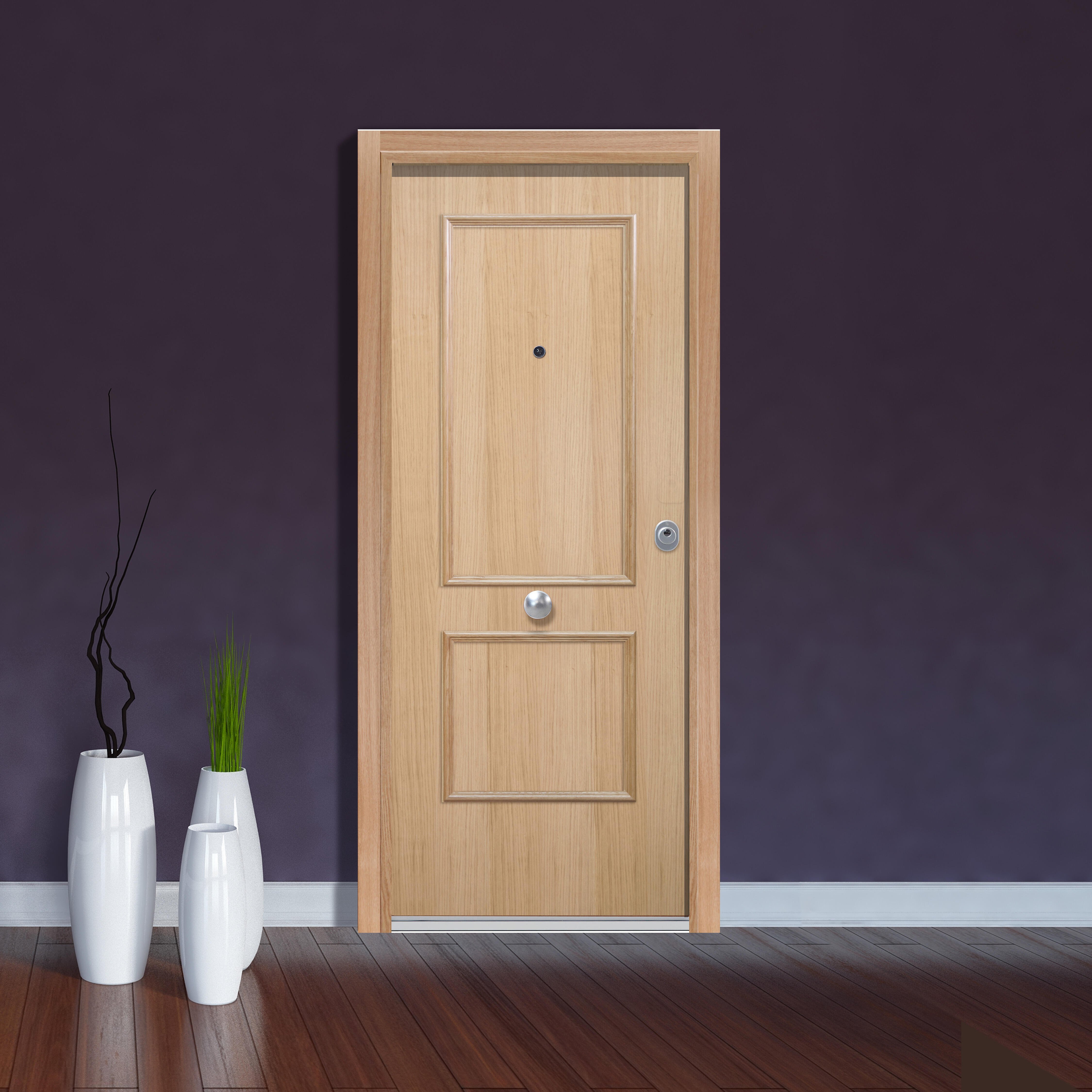 Puerta de entrada acorazada serie silver 1,0 dos cuadros roble / interior liso roble apertura izquierda 208x90.3cm