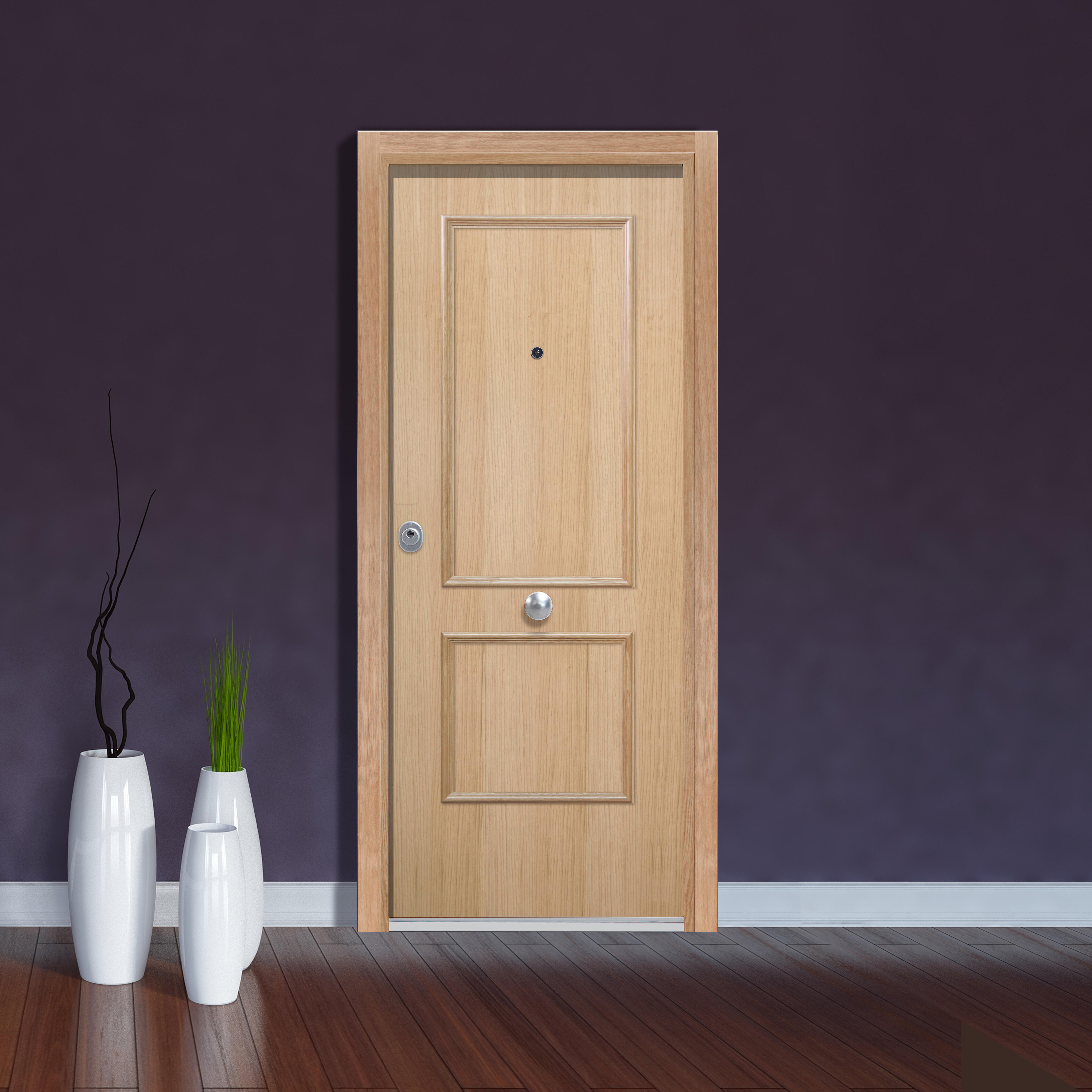 Puerta de entrada acorazada serie silver 1,0 dos cuadros roble / interior liso roble apertura derecha 208x90.3cm