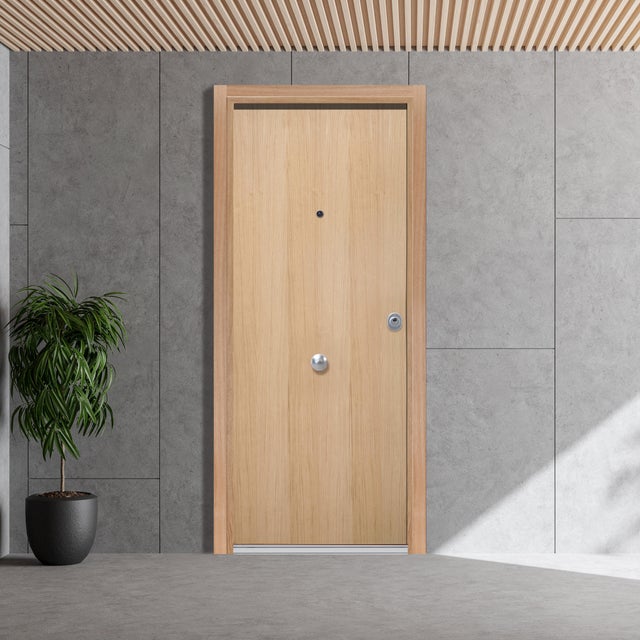 Puerta de entrada acorazada serie Silver 1,0 liso roble / interior Lucerna fresada blanco apertura izquierda 208x90.3cm