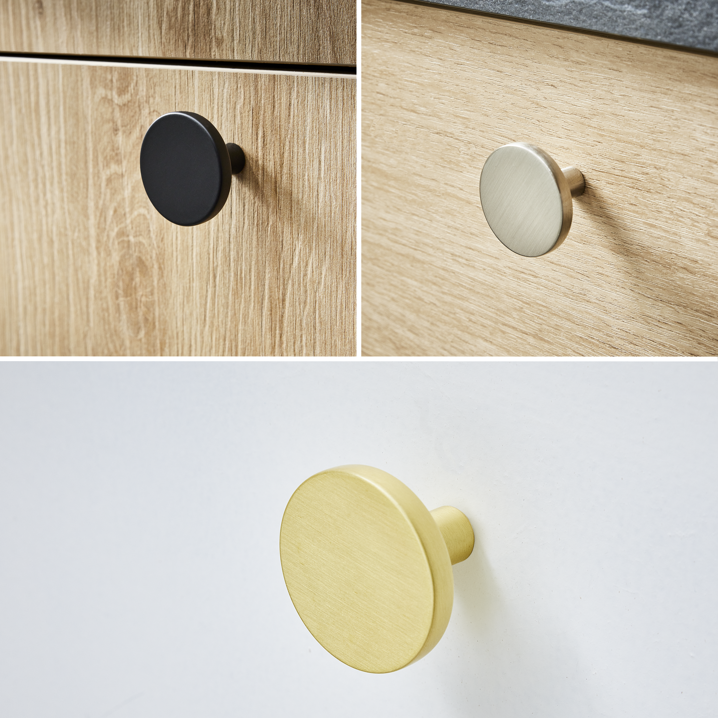 Puxadores para móvel Jamy de cores níquel, preto mate e latão escovado - 1